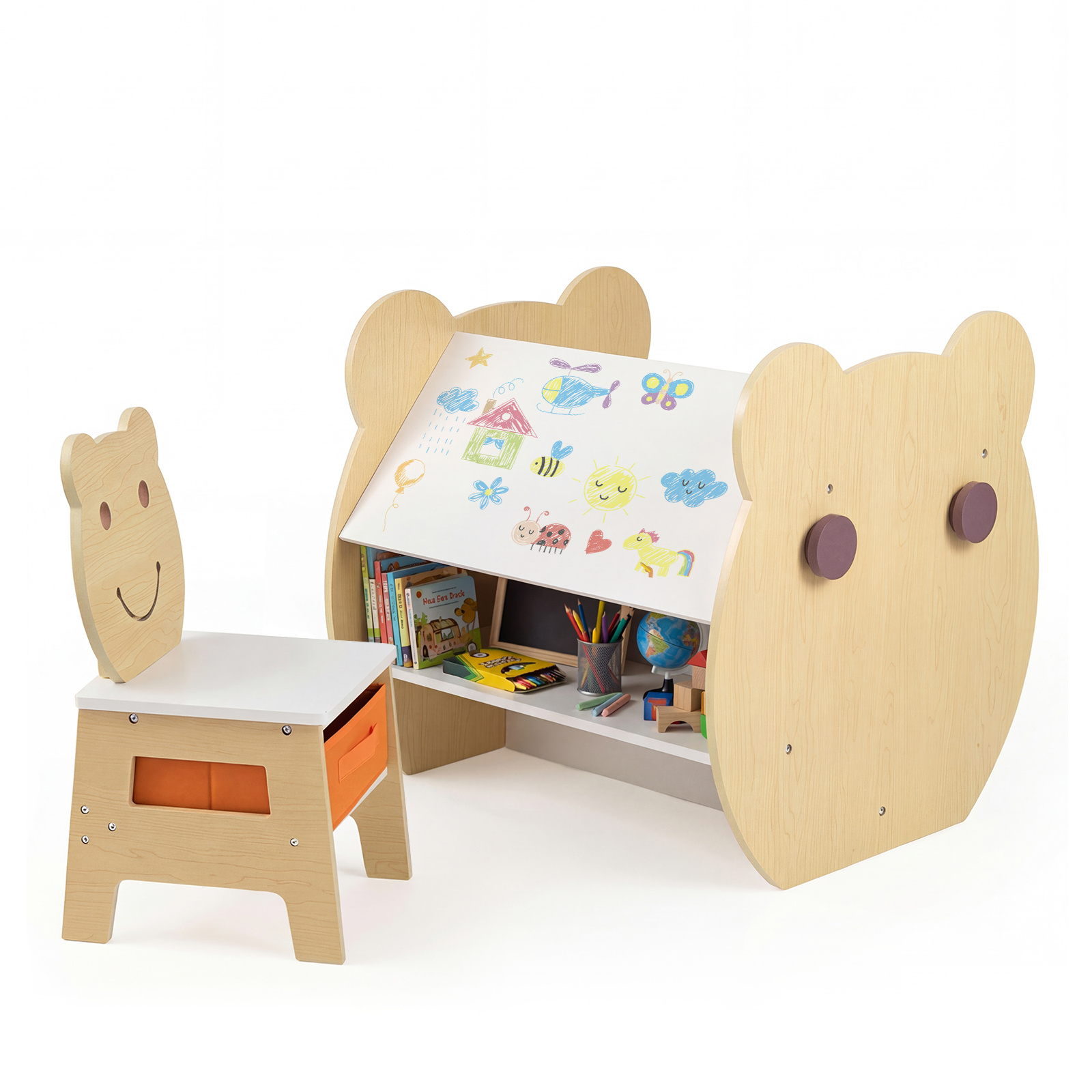 Costway 3 en 1 Table Enfant avec Chaise Bureau Enfant avec Tableau Blanc & Tableau Noir Réversible Crochets Charge 50 kg pour 3-10 Ans Blanc