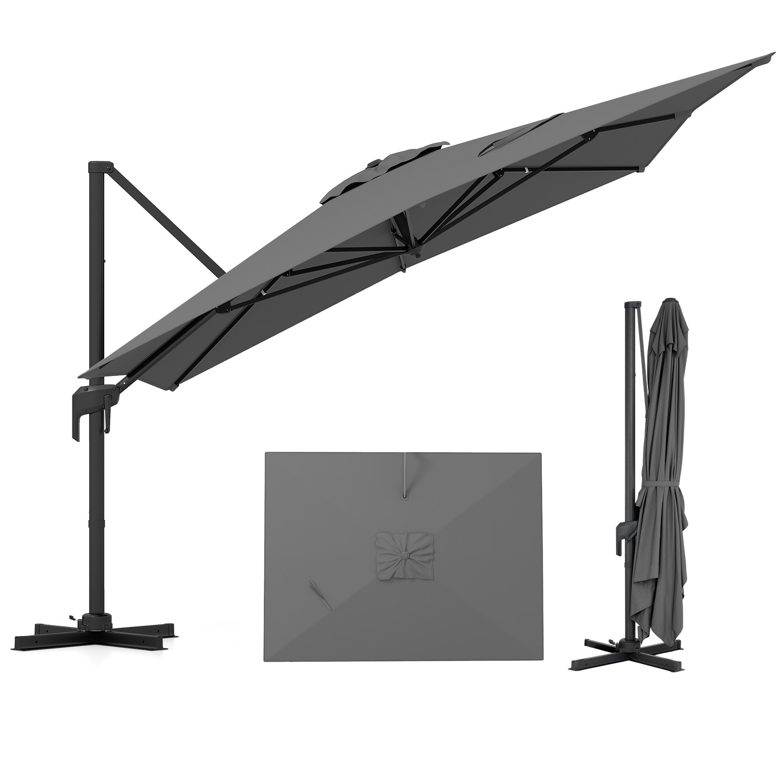 Costway 300x390CM Parasol Déporté Parasol de Patio avec Rotation 360° 5 Angles d’Inclinaison Manivelle 8 Baleines Stables Double Toit Ventilé Gris