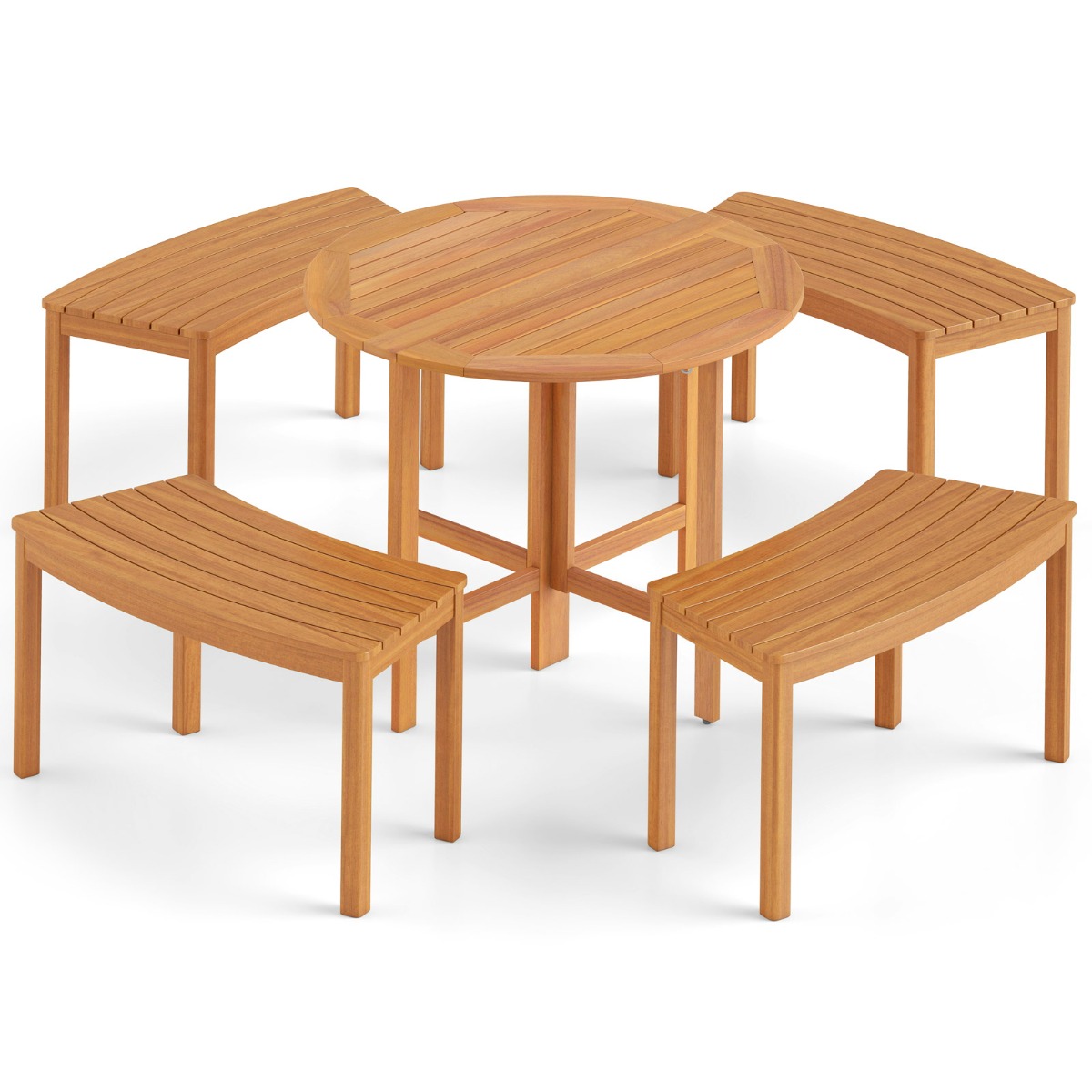 Costway Lot de 4 Bancs d'Extérieur Incurvés en Bois d'Acacia Banc de Jardin sans Dossier pour Foyer avec Capacité de Charge de 720 kg pour Véranda