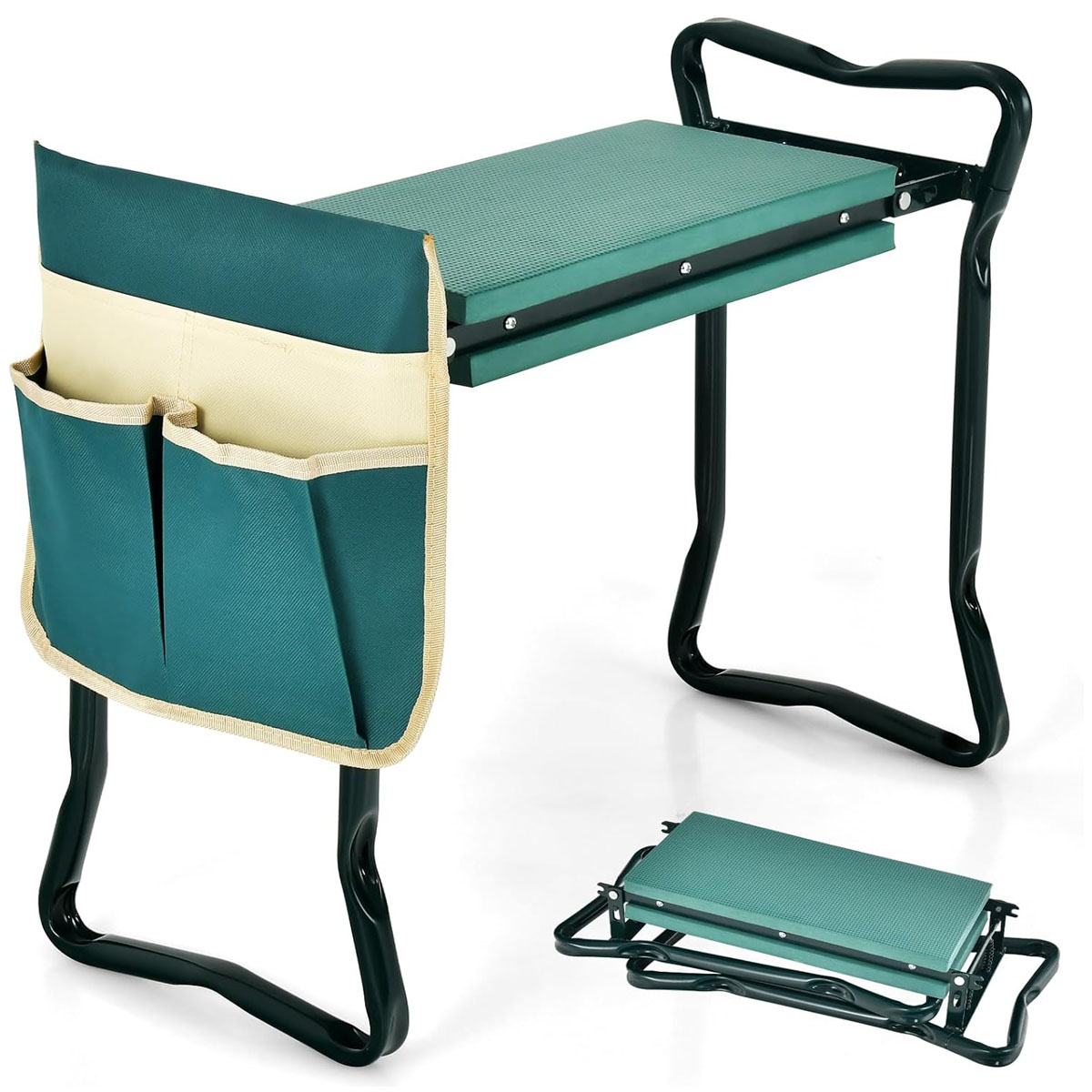 Costway Tabouret de Jardinage Pliable Agenouilloir de Jardin avec Sacs à Outils Coussinet Epais en Eve Charge 150kg 58x27,5x49cm Vert