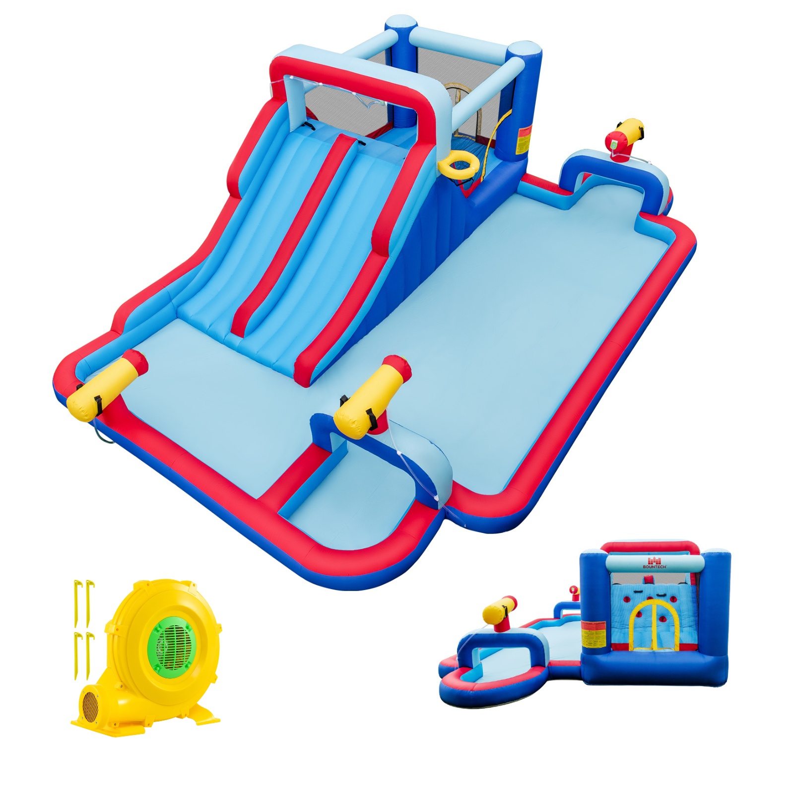 Costway 6 en 1 Château Gonflable avec Doubles Toboggans Aquatiques & Piscine Aire de Jeux Gonflable Charge 135kg avec Souffleur de 750W