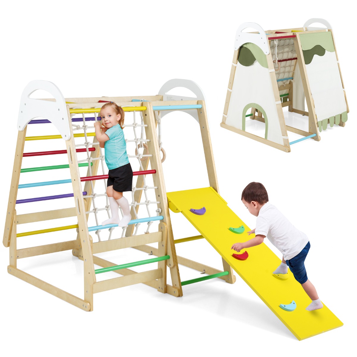 Costway Aire de Jeux 6 en 1 pour Enfants en Bois avec Toboggan Ensemble de Jeux d’Escalade Charge 120kg 1 An+ Coloré
