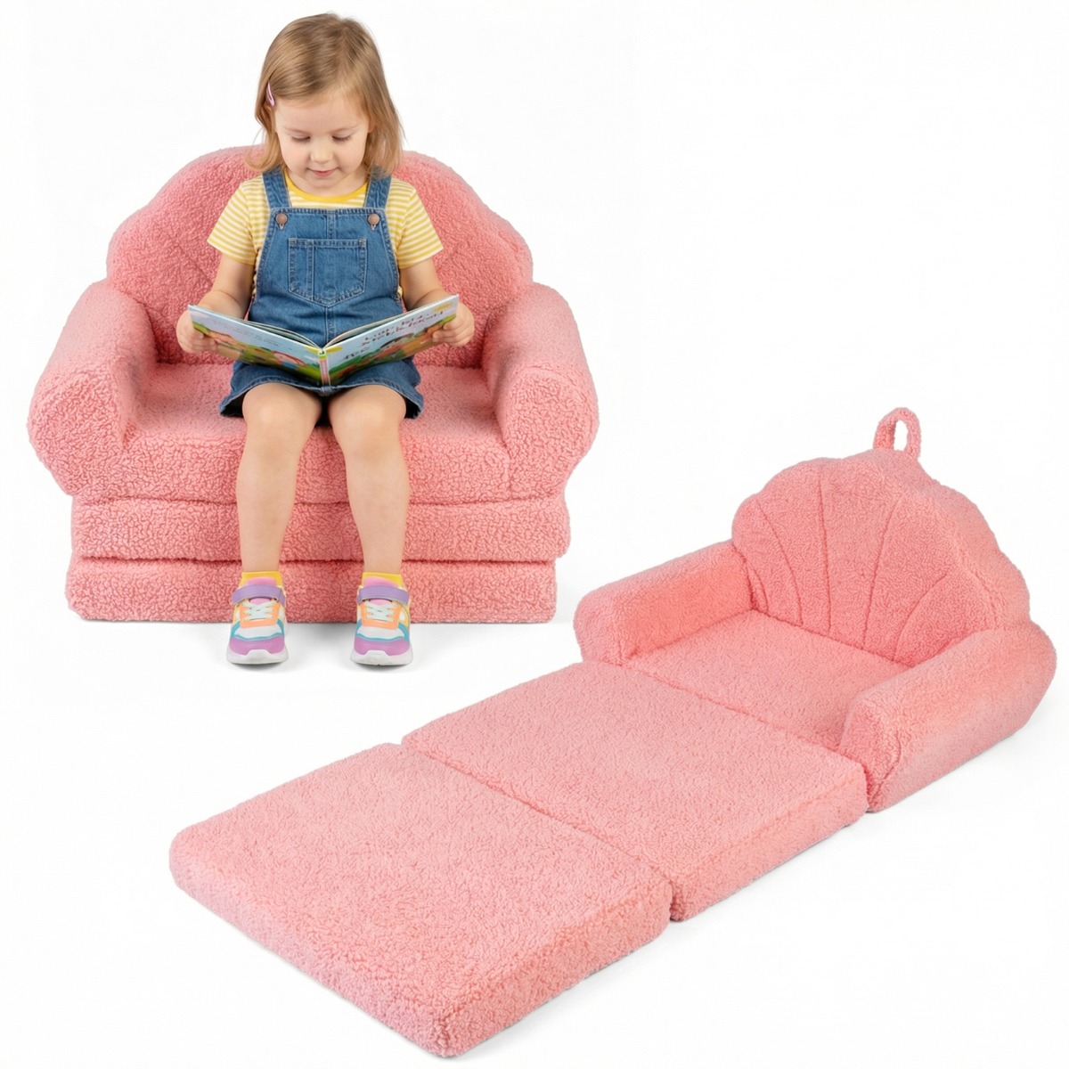 Costway Canapé pour Enfants Fauteuil Enfant Pliable Convertible 2-en-1 avec Motifs de Coquillages Poignée Légère Base Anti-Dérapante Rose