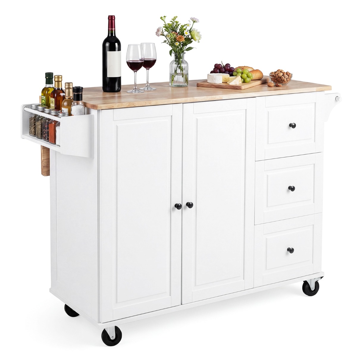 Costway Chariot d'Îlot de Cuisine sur Roues avec 3 Tiroirs Armoire de Rangement, Étagères Réglables Plan de Travail en Bois de Caoutchouc