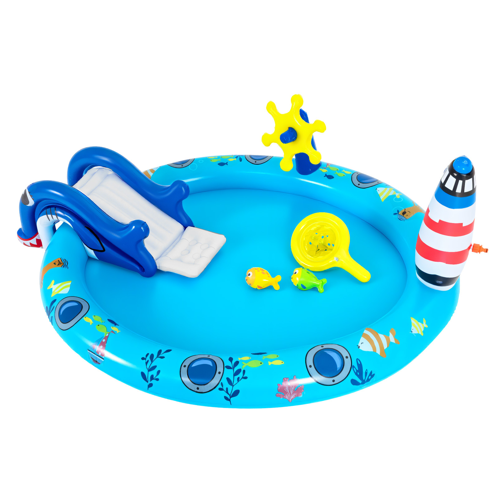 Costway Aire de Jeu Pataugeoire Piscine Gonflable Enfants 2-6 Ans avec Thème Marin Spray Toboggan Requin Arroseur Phare 188 x 153 x 63cm Multicolore