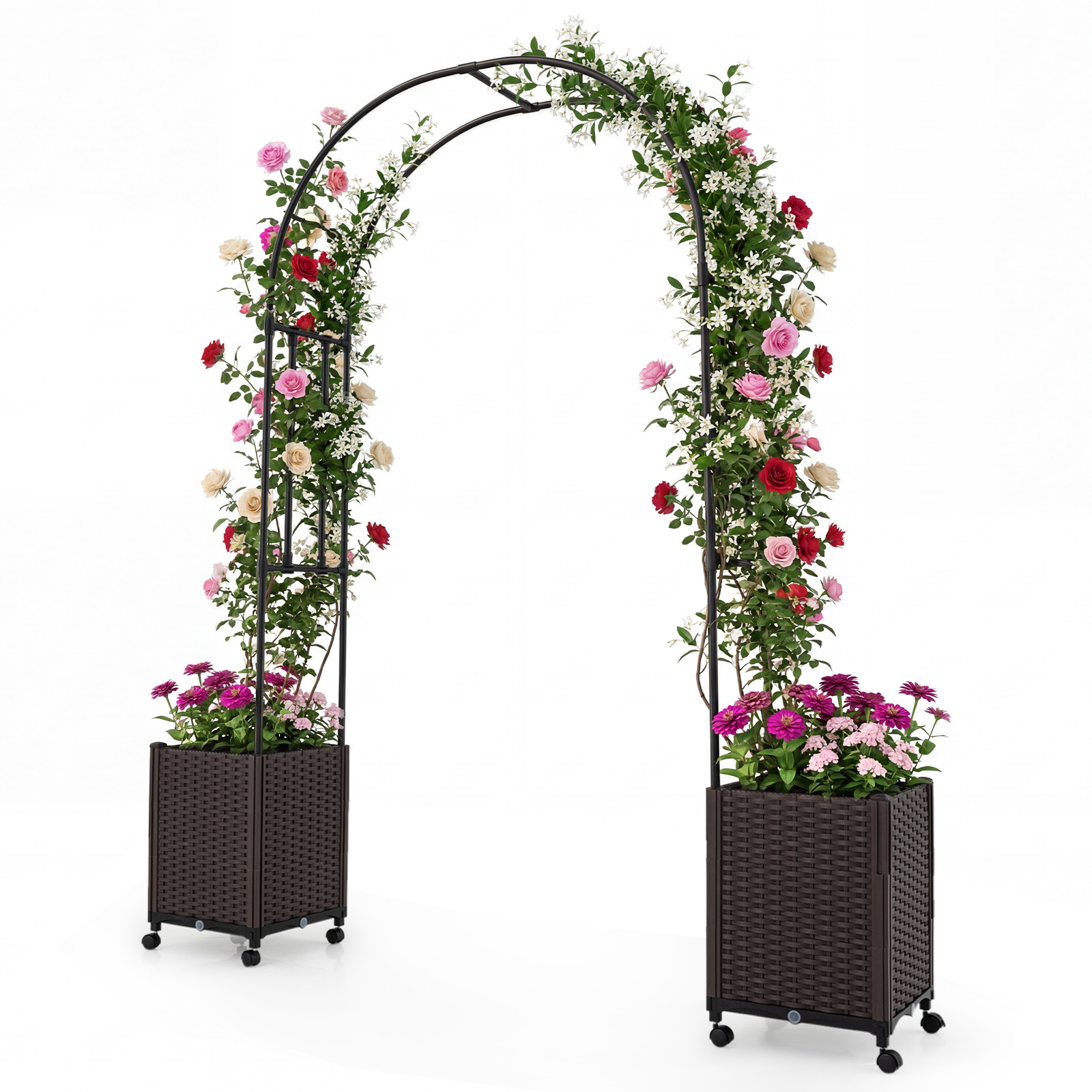 Costway Arche Jardin 230CM avec 2 Jardinières sur Roulettes Verrouillables Tonnelle en Métal avec Treillis&Bacs à Plantes Auto-Arrosants Noir