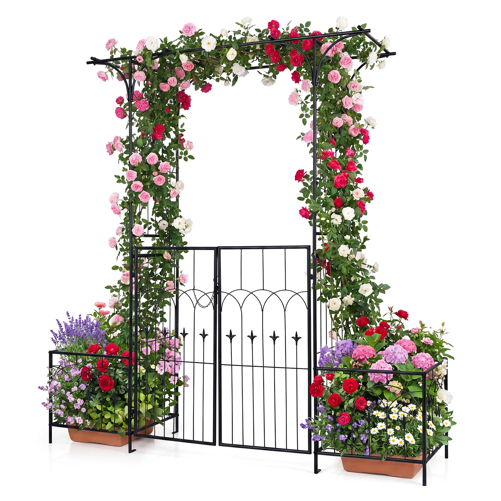 Costway Arche de Jardin 200 cm en Métal 3 en 1 avec Porte Verrouillable et 2 Jardinières Treillis pour Plantes Grimpantes et Rosiers Noir