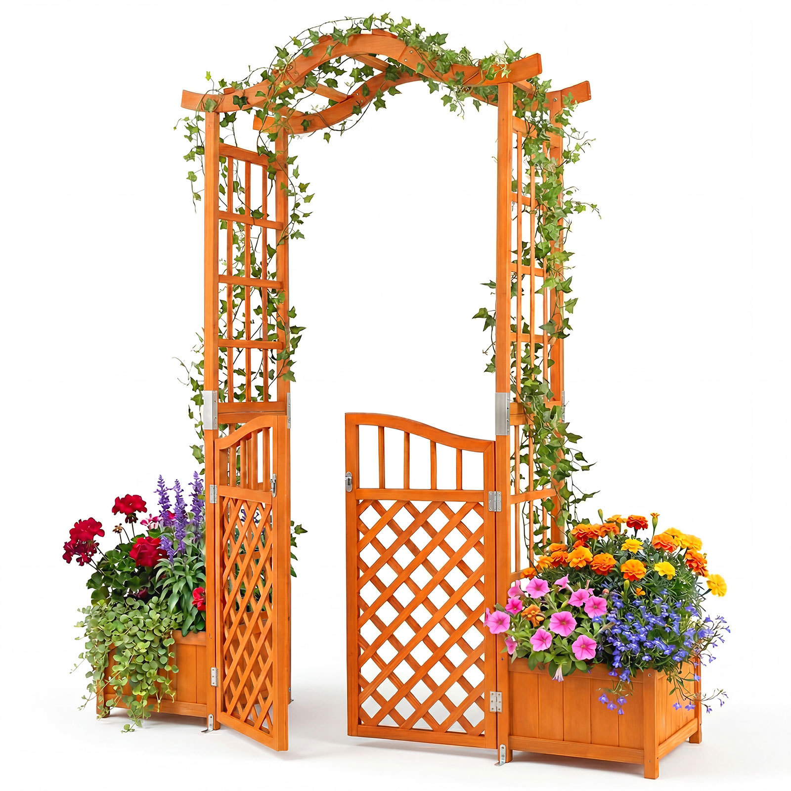 Costway Arche de Jardin en Bois Pergola Extérieure avec Portillon et 2 Jardinières Trous de Drainage pour Plantes Grimpantes Vignes Marron