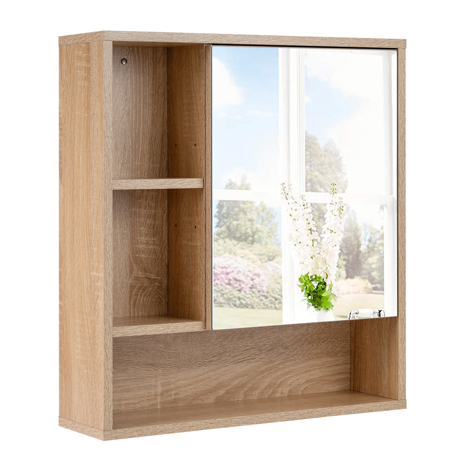 Costway Armoire Murale Salle de Bain avec Miroir Étagère Réglable 3 Compartiments Ouverts 2 Compartiments Supplémentaires 55 x 16 x 61 CM Naturel