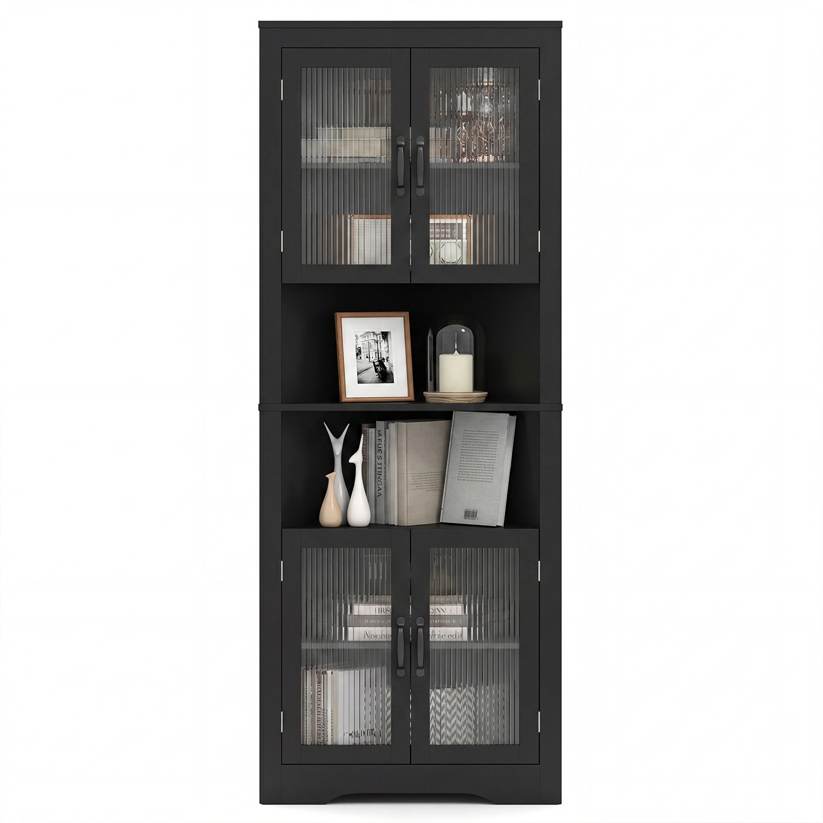 Costway Armoire d'Angle 171 CM Haut Buffet Triangulaire Gain de Place avec 4 Portes en Verre Trempé Étagères Réglables Noir