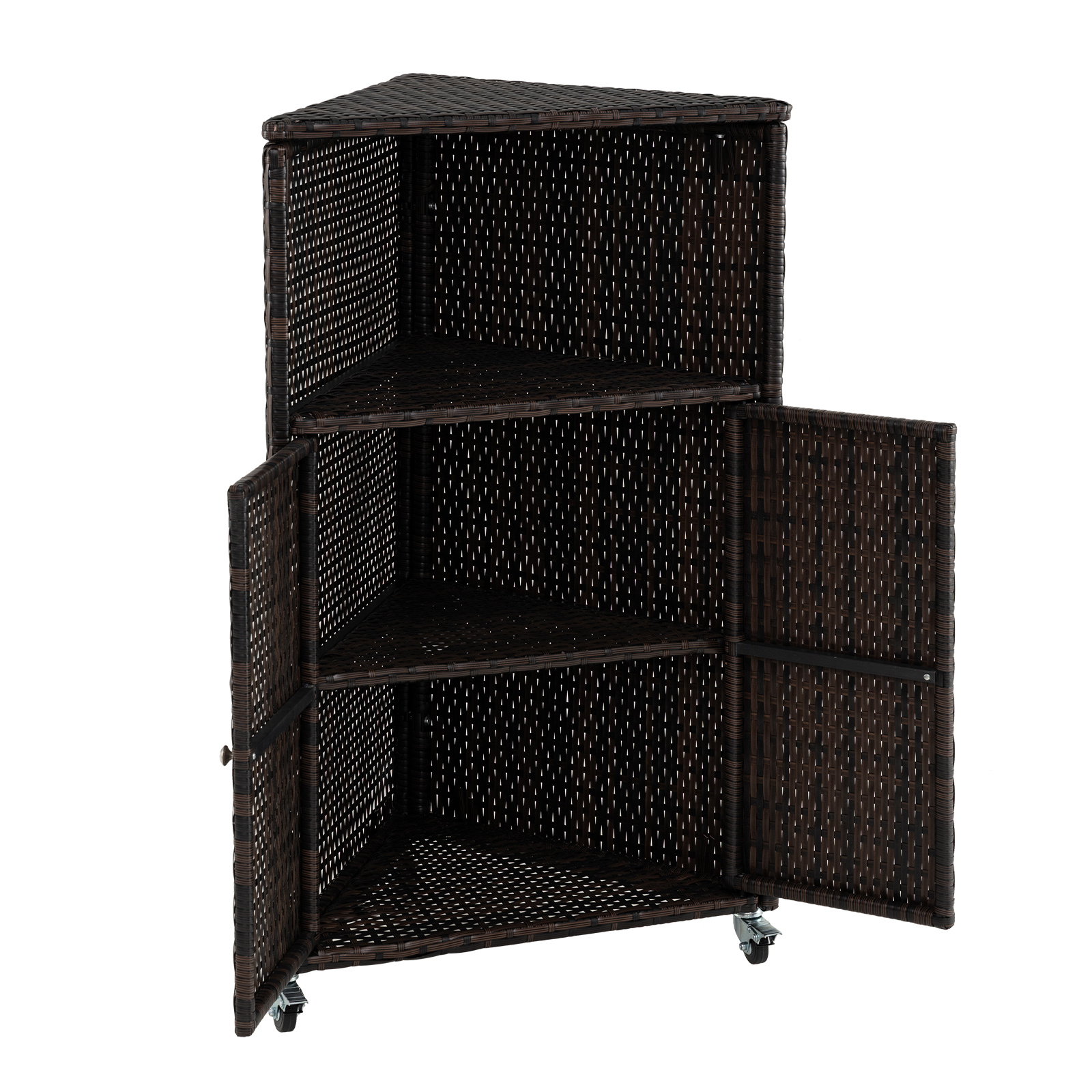 Costway Armoire de Jardin d'Angle en Rotin Résine Desserte à Roulettes avec Étagères Coffre Exterieur Rangement Roulant 66 x 47 x 111 cm Marron