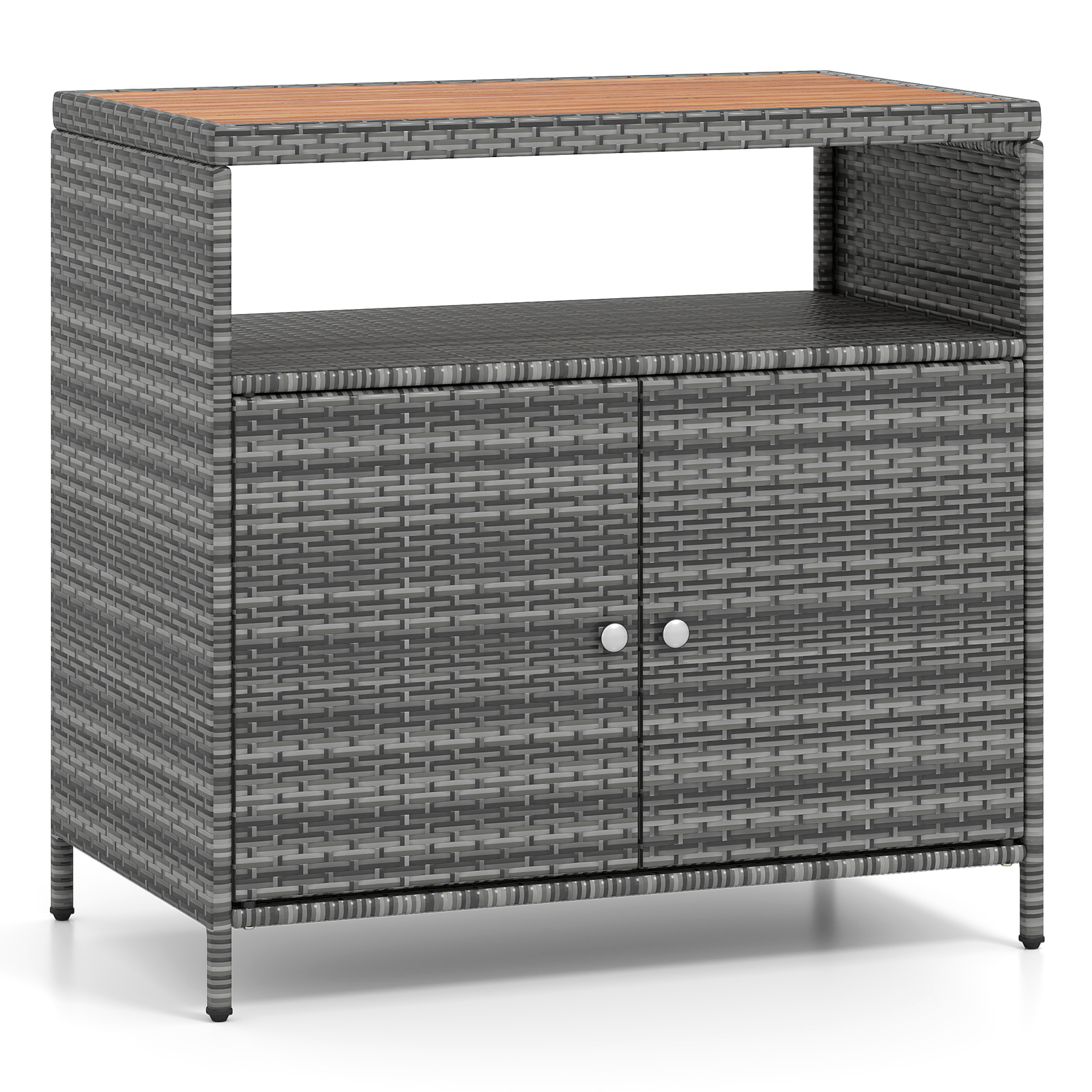 Costway Armoire de Rangement Exterieur en Rotin Armoire de Jardin avec Plateau en Bois d'Acacia Compartiment Ouvert Buffet à 2 Portes Gris+Naturel