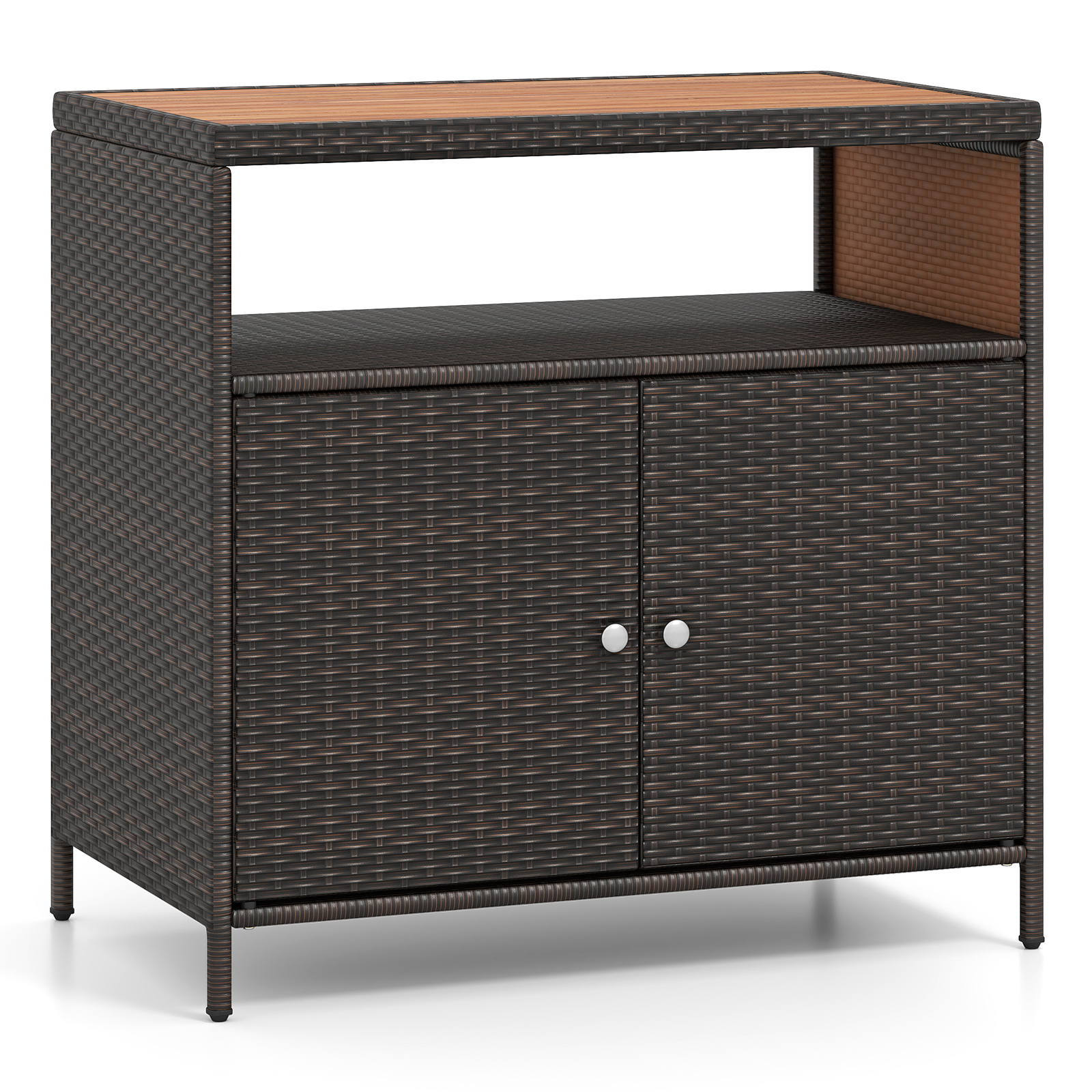 Costway Armoire de Rangement Exterieur en Rotin Armoire de Jardin avec Plateau en Bois d'Acacia Compartiment Ouvert Buffet à 2 Portes Marron