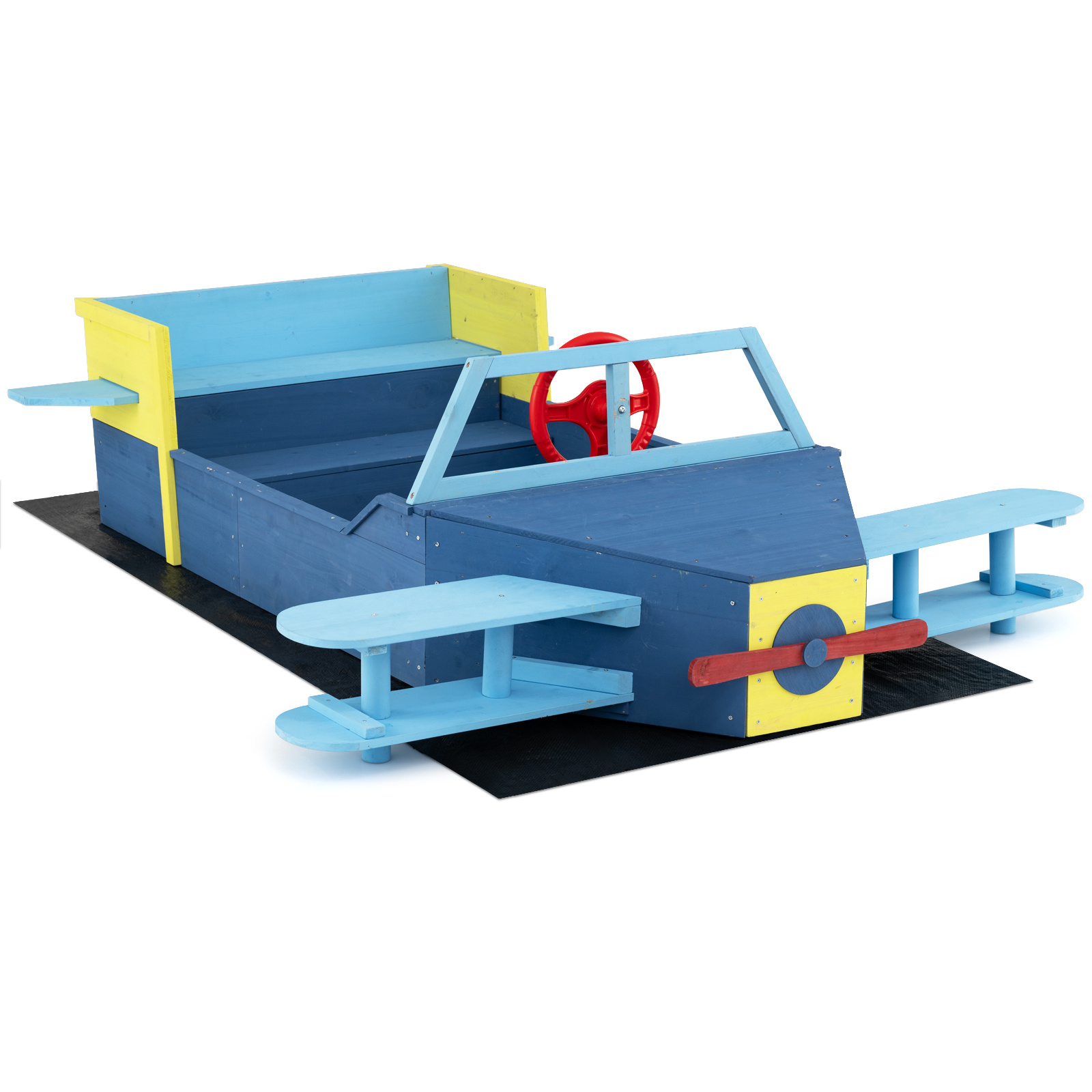 Costway Bac a Sable Enfant Exterieur en Forme Avion avec Banc pour Bebe 18+ Mois Bac a Sable Enfant en Bois Massif Bleu