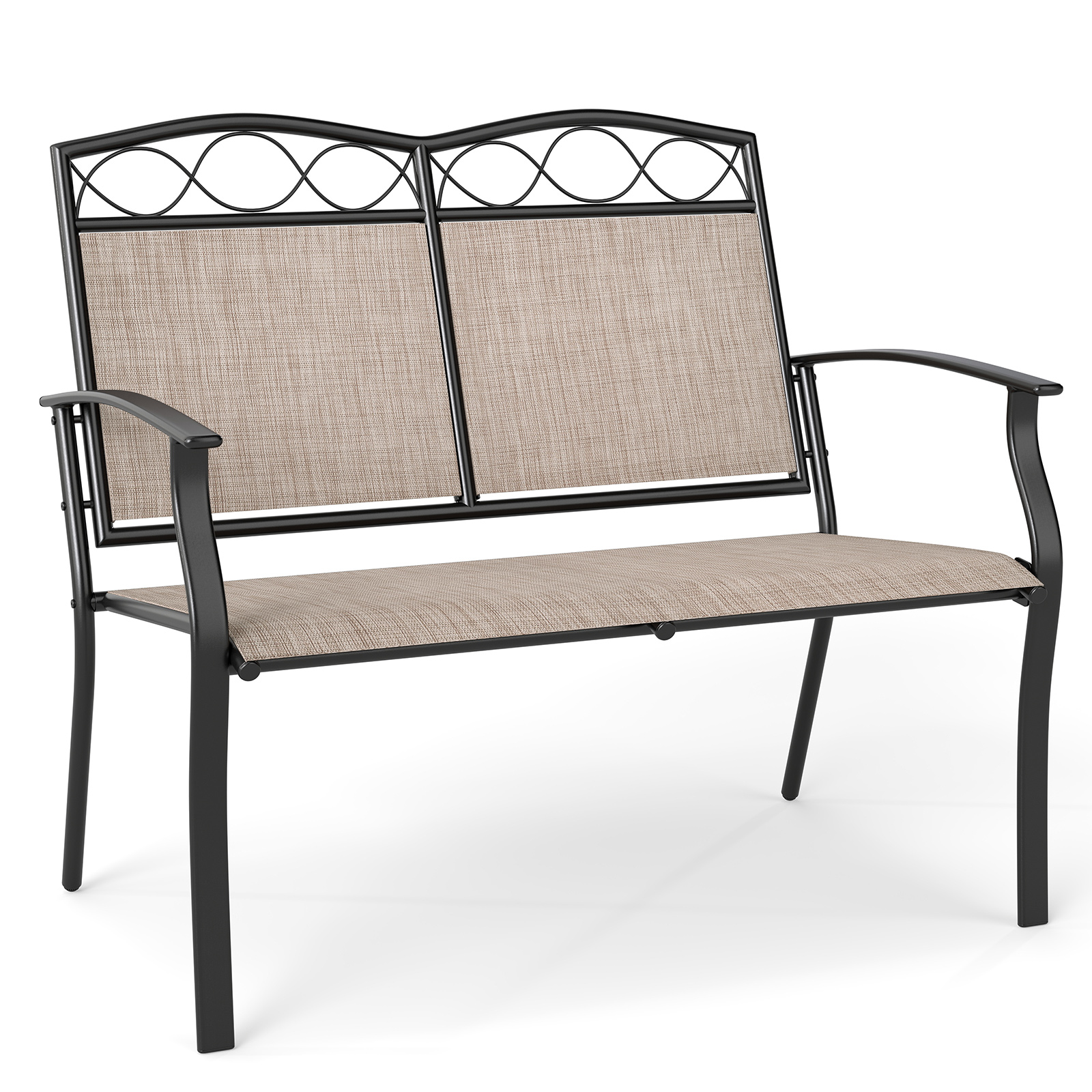 Costway Banc Extérieur pour 2 Personnes Fauteuil Double en Métal avec Tissu Respirant Mobilier de Patio avec Accoudoirs Courbés Charge 300KG Marron