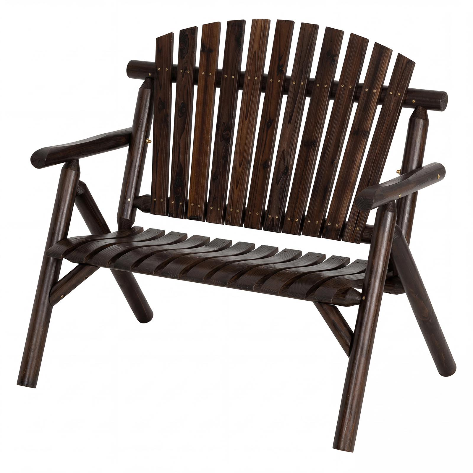 Costway Banc de Jardin en Bois 2 Places Fauteuil avec Dossier Haut à Lattes Assise Incurvée et Accoudoirs Intégrés Chaise Charge 300 kg Marron