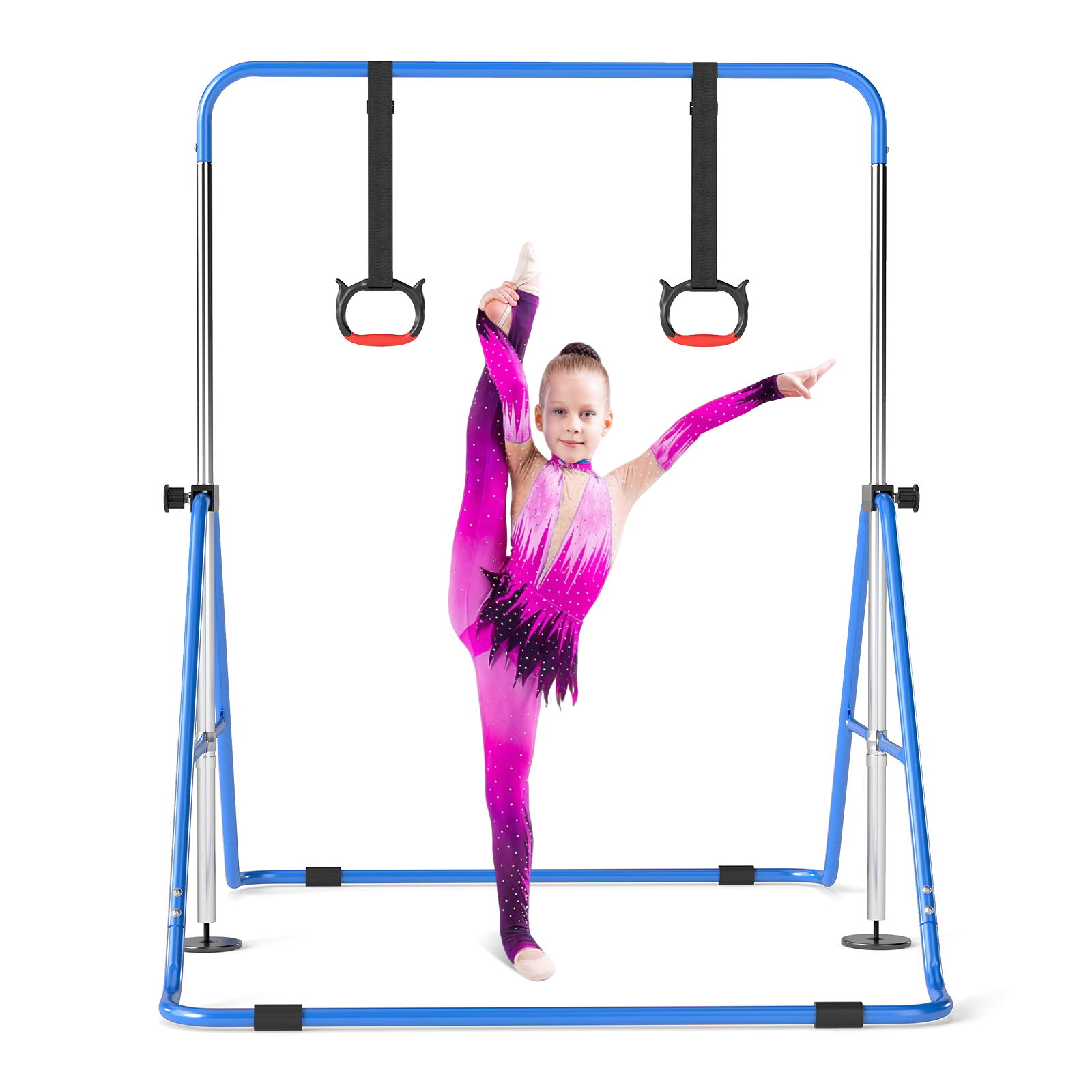 Costway Barre de Gymnastique Extensible Enfants Barre Horizontale Réglable à 4 Niveaux avec Cadre Métallique Équipement de Gymnastique Bleu