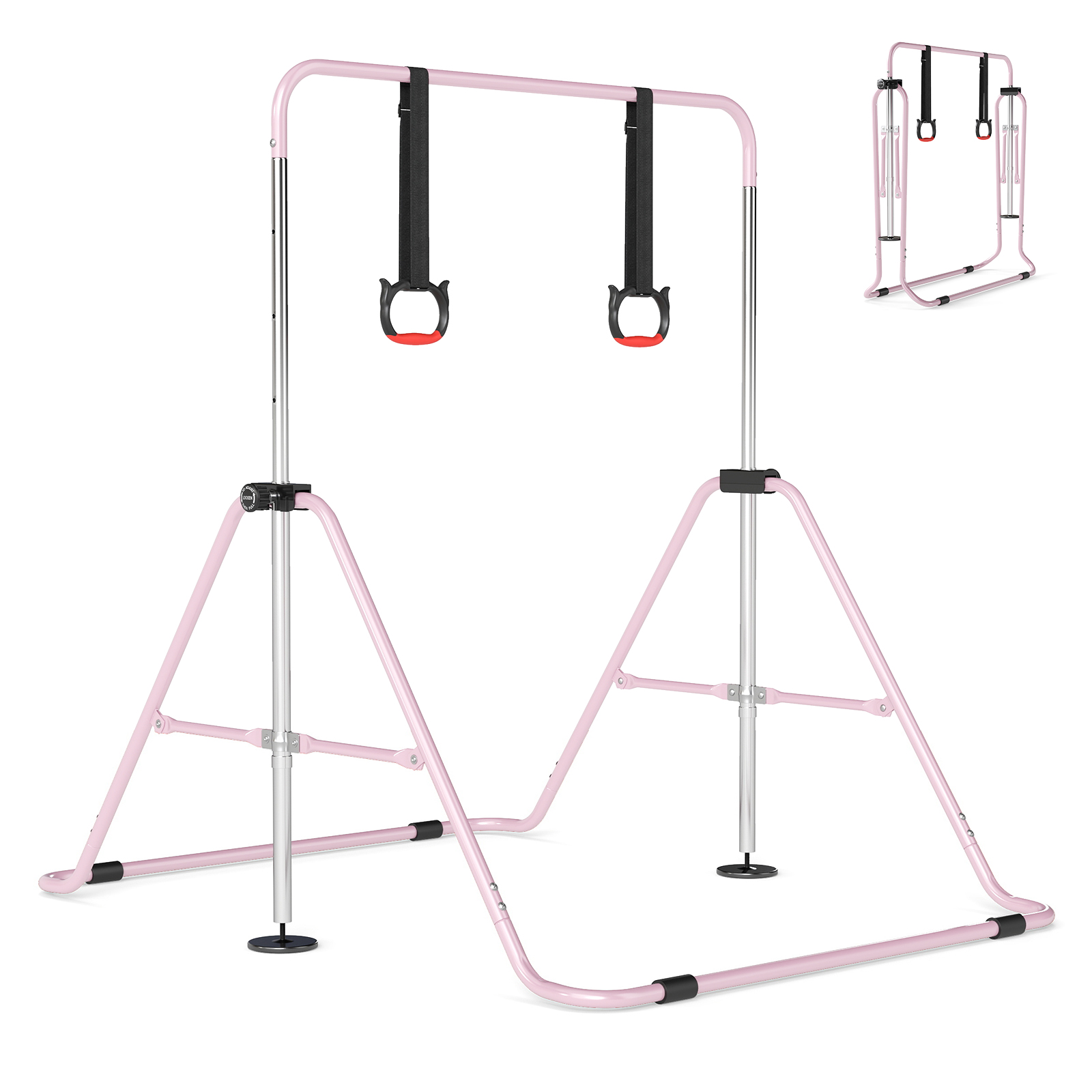 Costway Barre de Gymnastique Extensible Enfants Barre Horizontale Réglable à 4 Niveaux avec Cadre Métallique Équipement de Gymnastique Rose