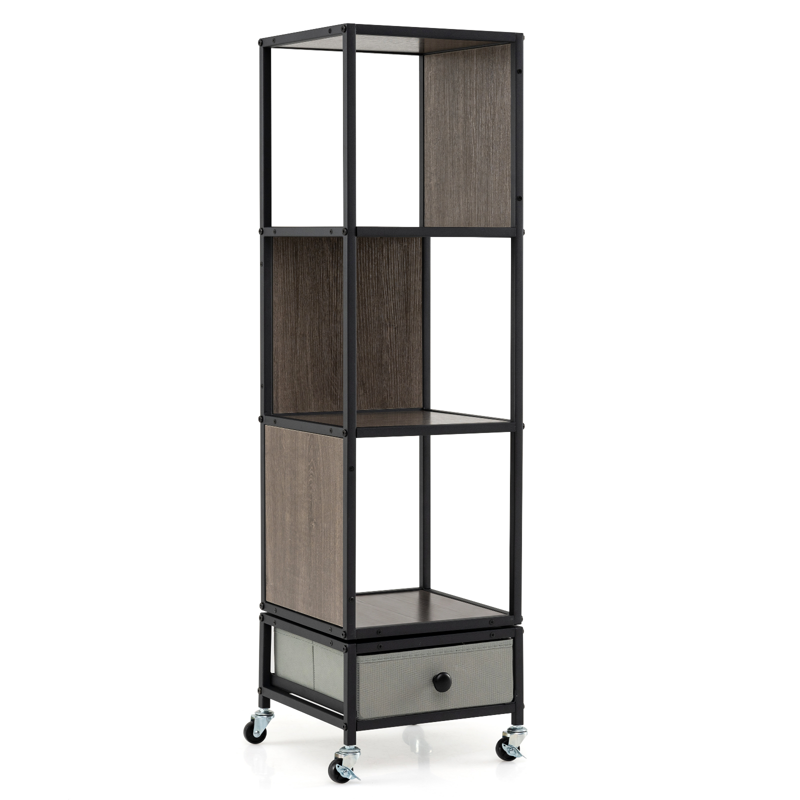 Costway Bibliothèque Tournante à 4 Niveaux sur Roulettes Étagère d'Angle Pivotante à 360° avec Tiroir de Rangement en Tissu Amovible Gris
