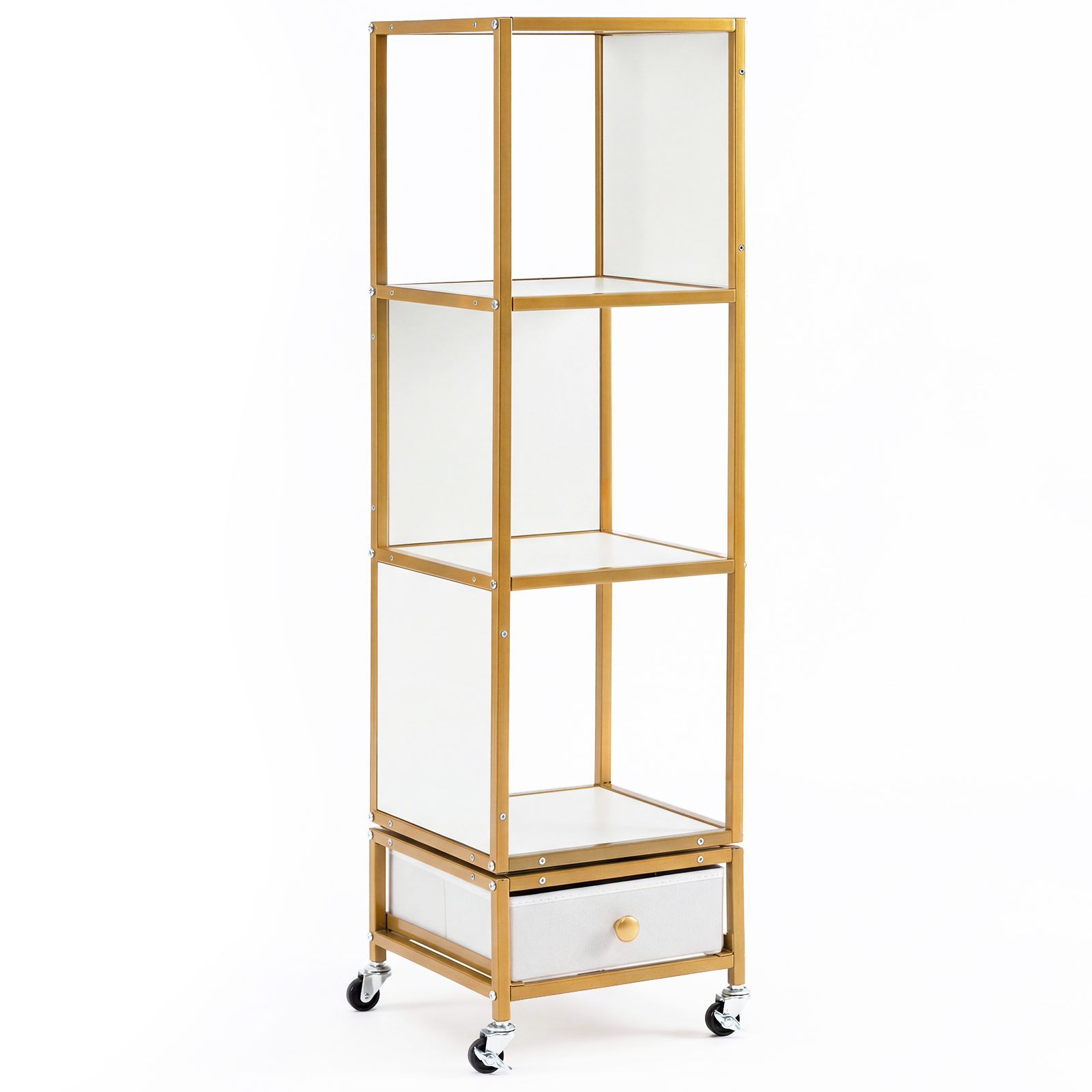 Costway Bibliothèque Tournante à 4 Niveaux sur Roulettes Étagère d'Angle Pivotante à 360° avec Tiroir de Rangement en Tissu Amovible Blanc