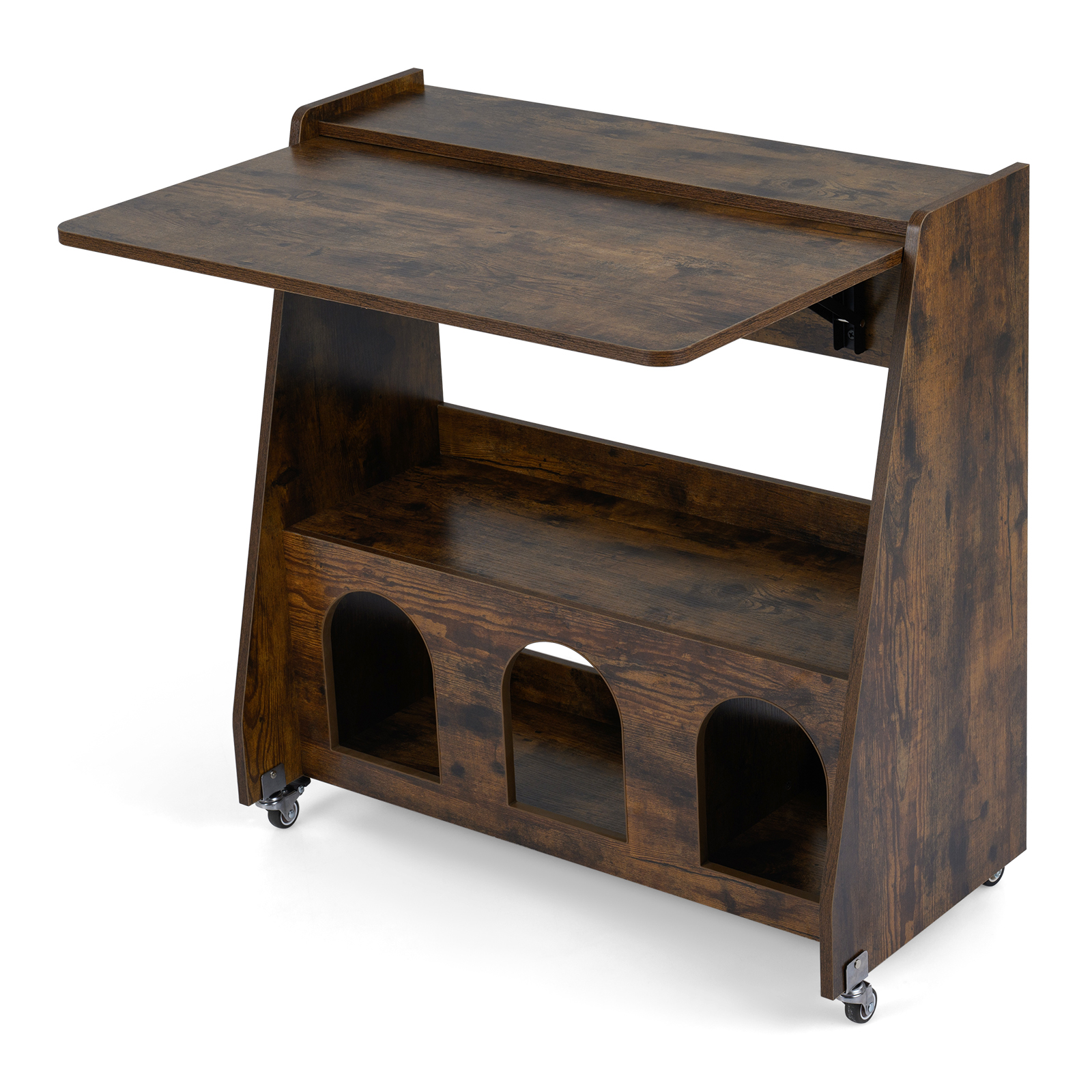 Costway Bureau Informatique Mobile avec Panneau Pliant 3 Tablettes de Rangement Étagère Ouverte et 2 Compartiments 4 Roulettes Café