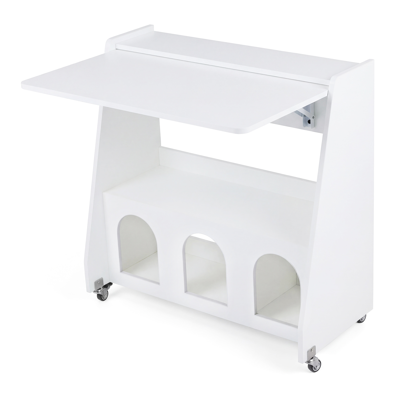 Costway Bureau Informatique Mobile avec Panneau Pliant 3 Tablettes de Rangement Étagère Ouverte et 2 Compartiments 4 Roulettes Blanc