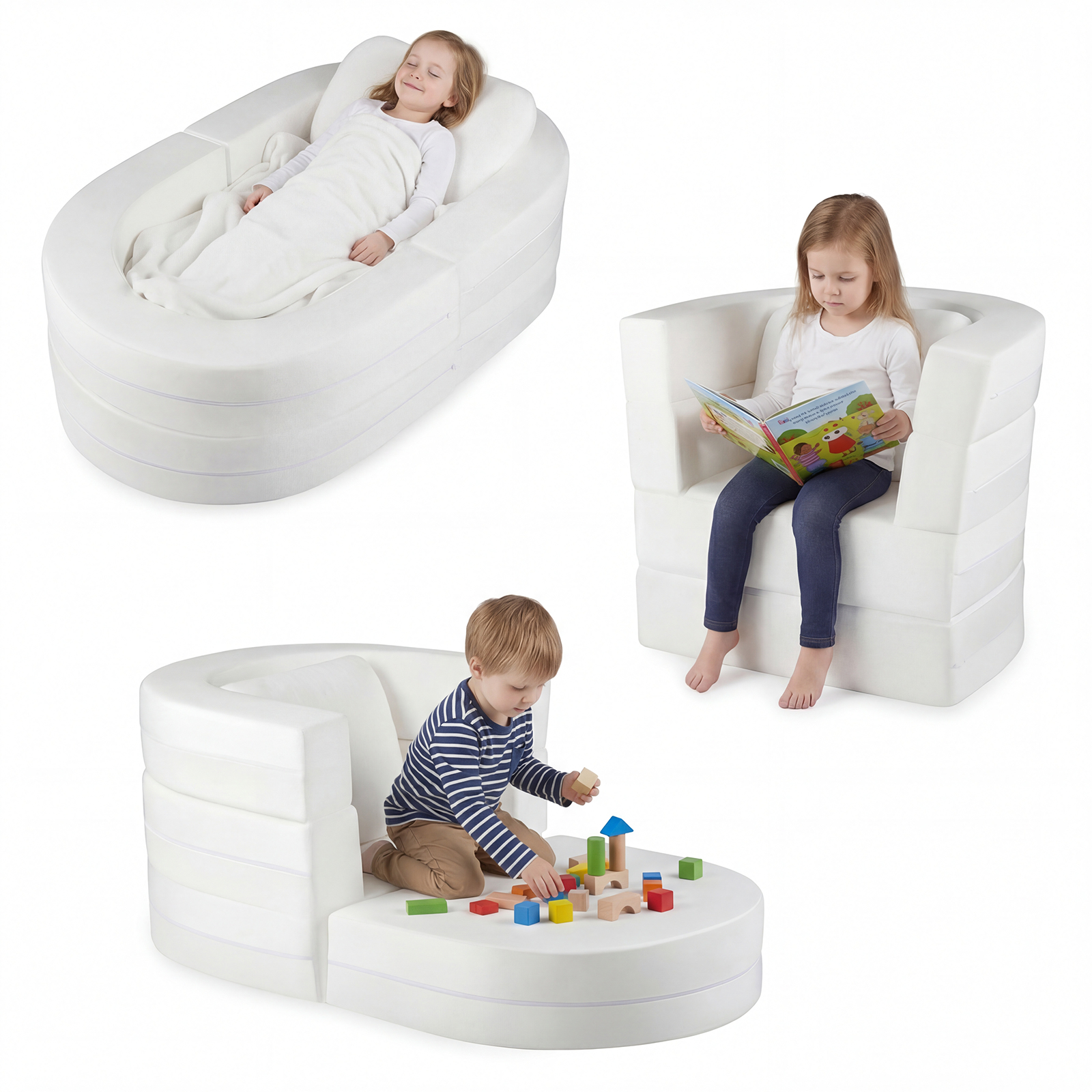 Costway Canapé-Lit Convertible 3-en-1 pour Enfants Lit Pliant Tout en Un avec Housses Zippées Lavables & Coussin en Mousse pour 3+ Ans Blanc