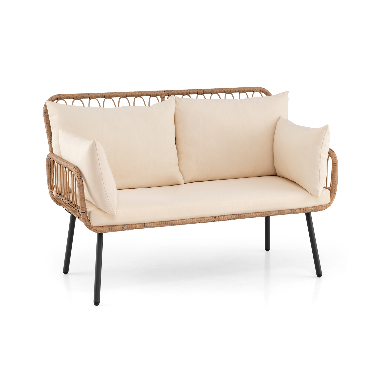 Costway Canapé de Jardin 2 Places en Rotin PE Banc Extérieur avec Coussins Oreillers Pieds Réglables Charge 300 kg 118 x 62 x 81 cm Beige