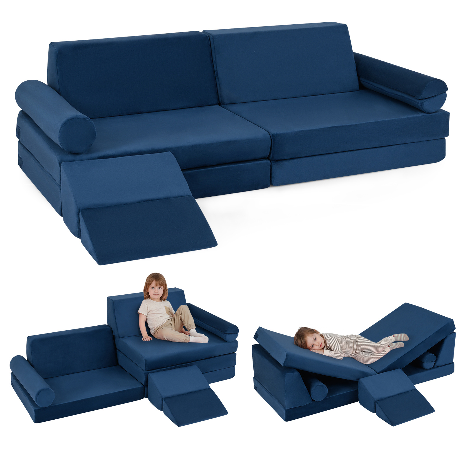Costway Canapé de Jeu pour Enfants 10 Pièces avec Blocs de Mousse Épais en Velours Ultra-Doux Housses Zippées Amovibles Lavables pour 3-12 Ans Bleu