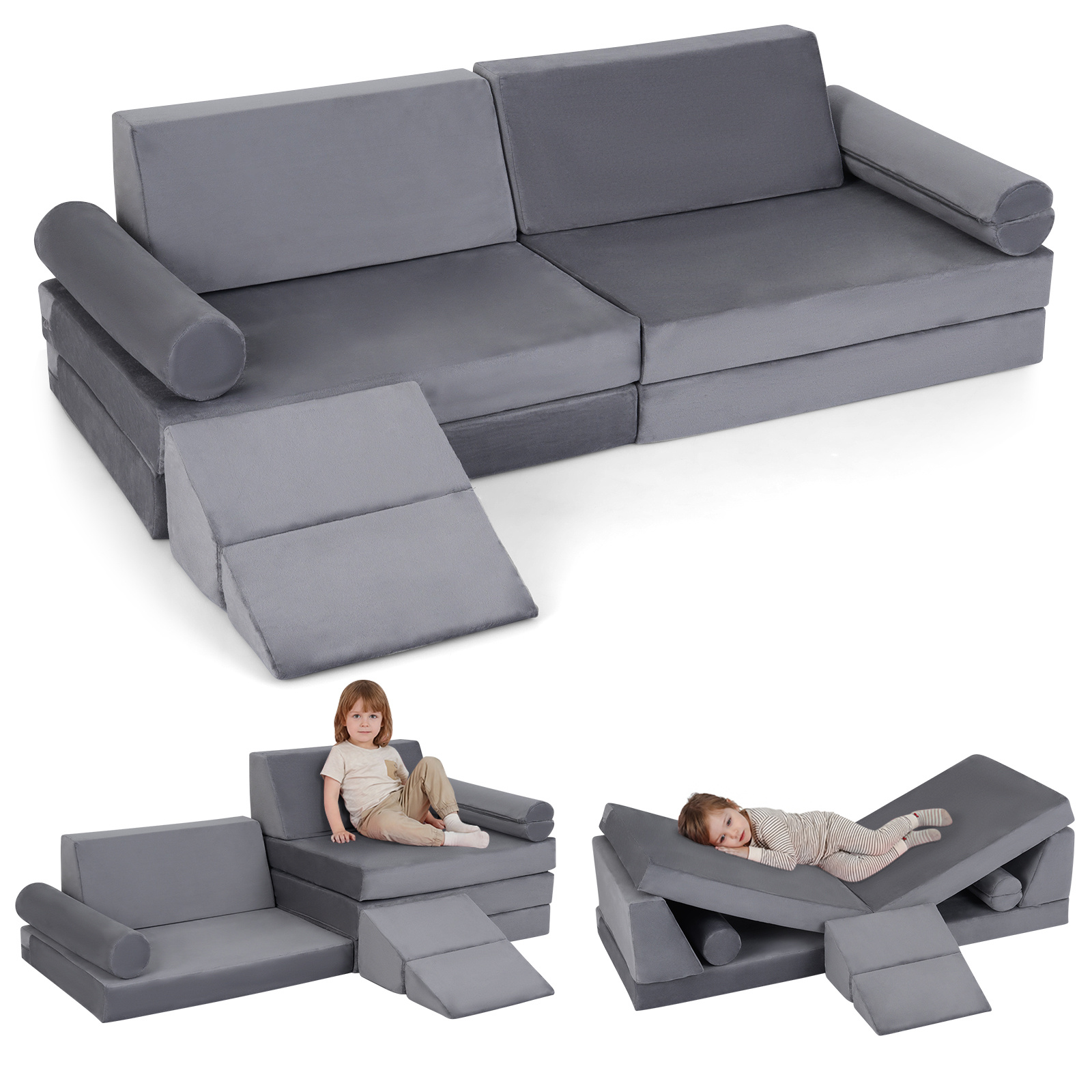 Costway Canapé de Jeu pour Enfants 10 Pièces avec Blocs de Mousse Épais en Velours Ultra-Doux Housses Zippées Amovibles Lavables pour 3-12 Ans Gris