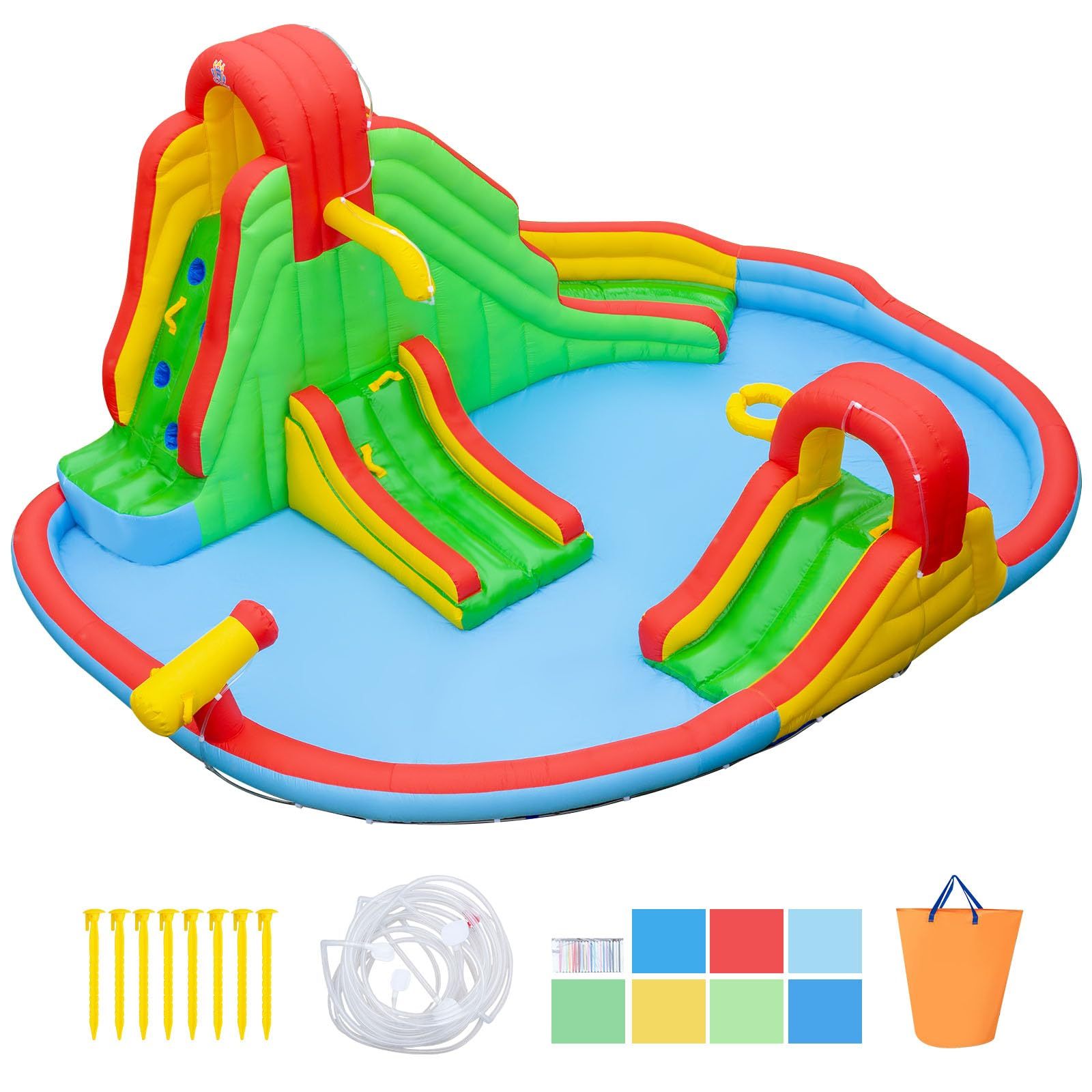 Costway Château Gonflable Enfant Parc Aquatique avec Double Toboggan Piscine à Balles Mur d’Escalade Panier de Basket pour 3-12 Ans Sans Souffleur