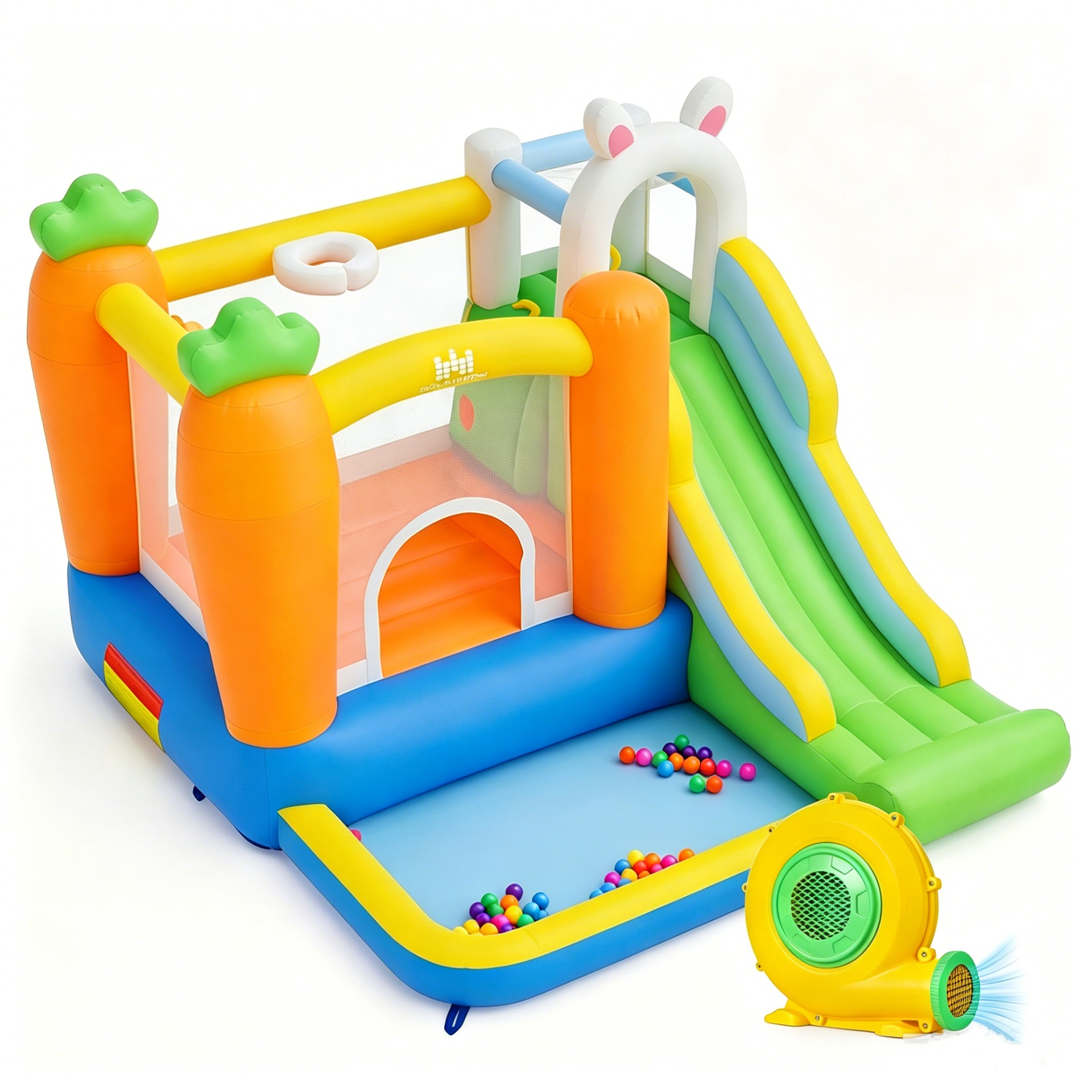 Costway Château Gonflable Enfant Thème Lapin Toboggan Piscine à Balles Mur d'Escalade Souffleur 550W Sac de Transport 3-12 Ans Jardin Patio