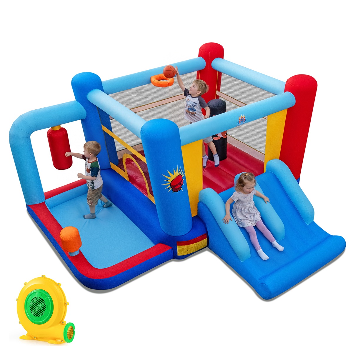Costway Château Gonflable Structure Gonflable avec Sacs de Frappe Piscine à Balles Panier de Basket Double Toboggans & Souffleur 550W pour 3-12 Ans