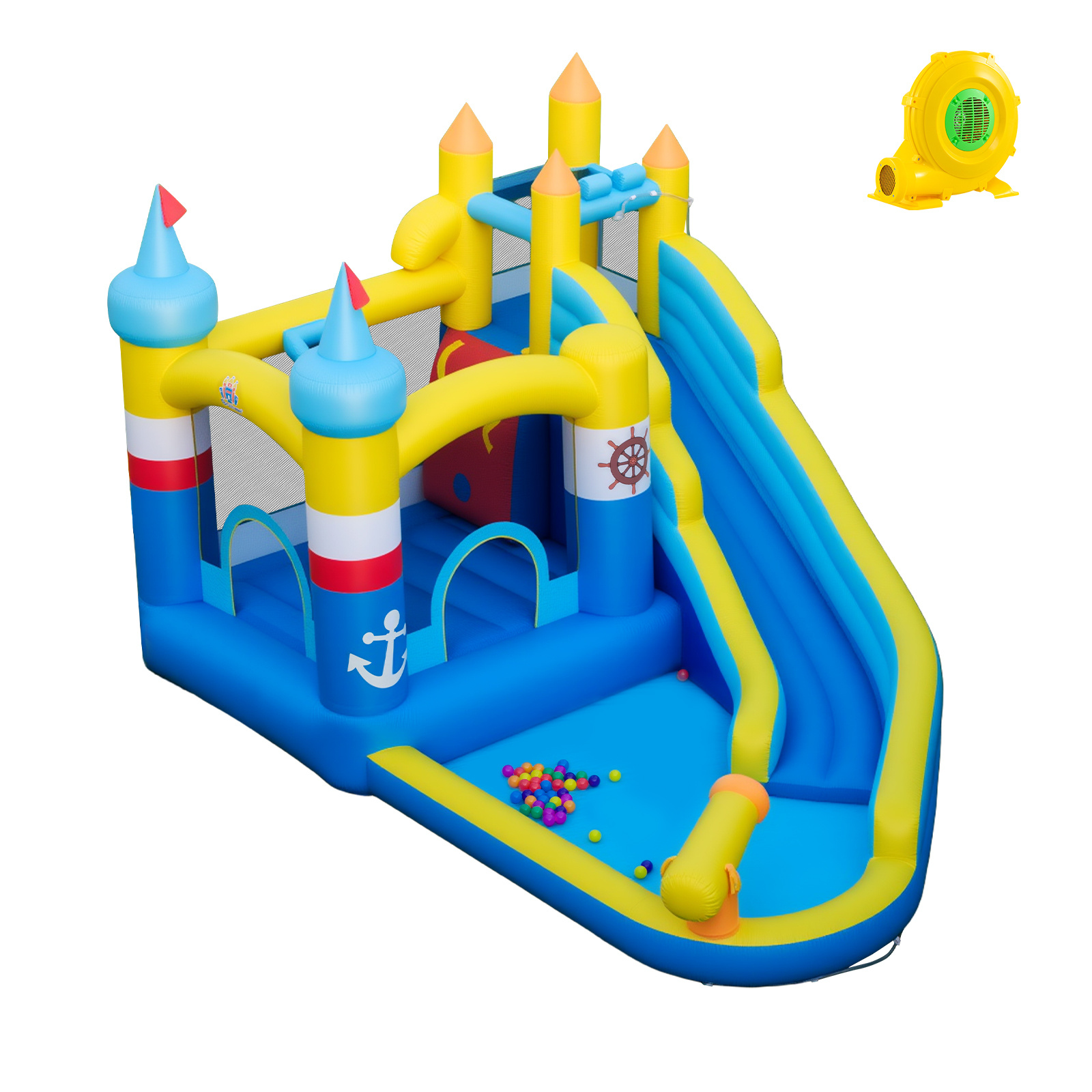 Costway Château Gonflable avec Bassin à Éclaboussures Canon à Eau Mur d’Escalade Balles Océaniques Panier de Basket avec Souffleur de 750W