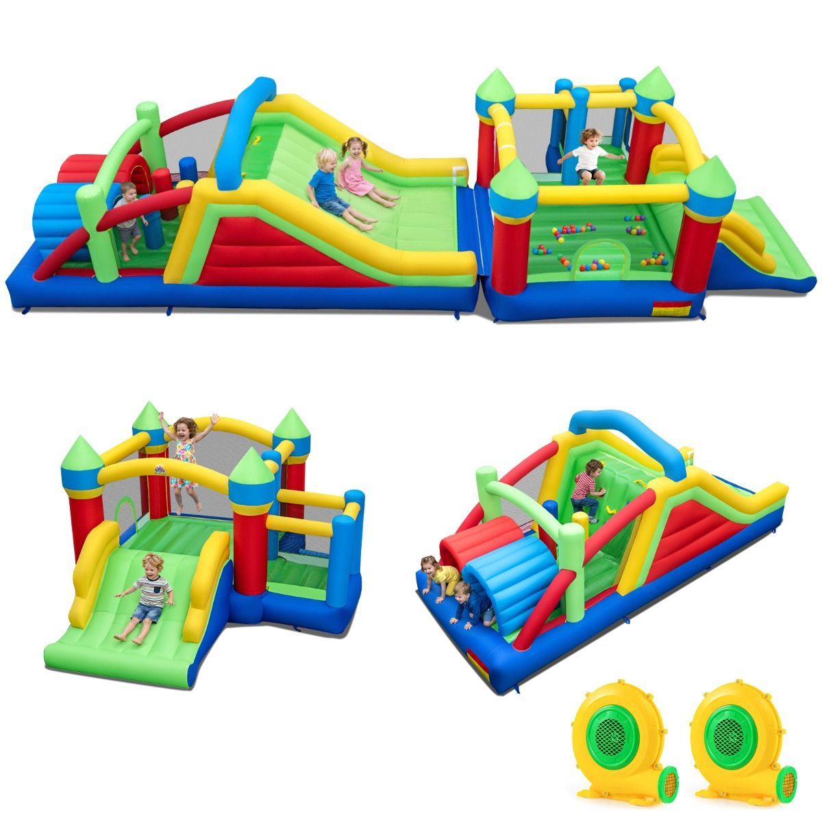 Costway Château Gonflable avec Toboggan Géant et Trampoline Type E avec Tunnel Barres d'Obstacles Mur d'Escalade et Bac à Balles Deux Souffleurs