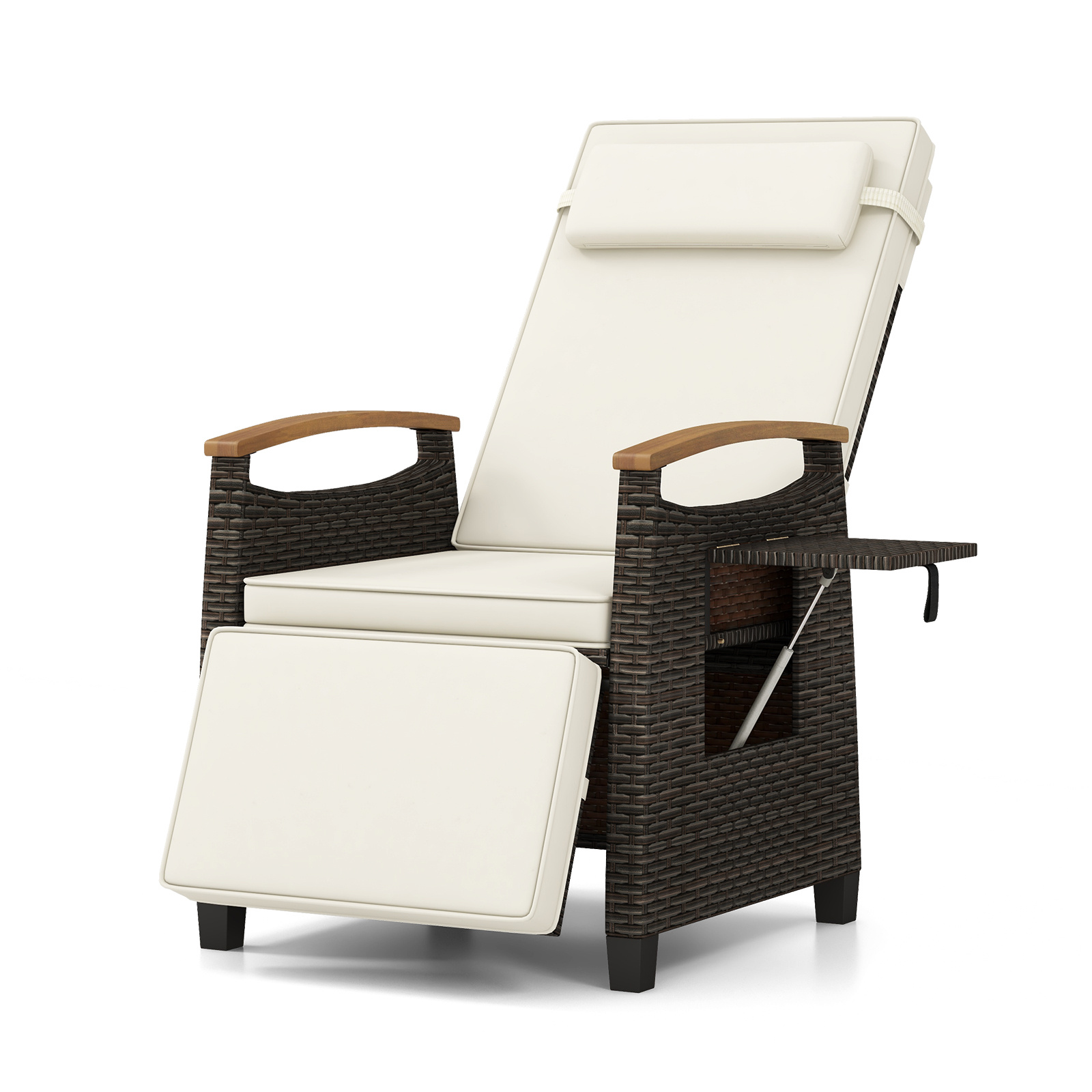 Costway Chaise Longue de Jardin en Rotin Fauteuil Extérieur avec Dossier&Repose-pied Réglables Tablette Latérale Rabattable Assise Rembourrée Blanc