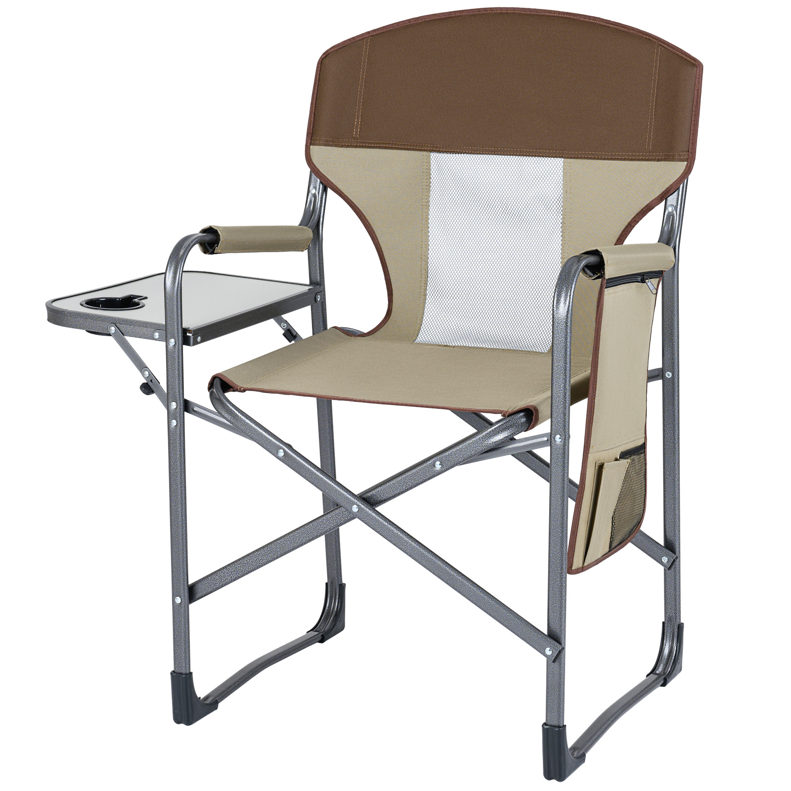 Costway Chaise Pliante Camping avec Table Latérale et Sac de Rangement Chaise de Peche Charge 180 kg Fauteuil Extérieur avec Dossier Maille Brun