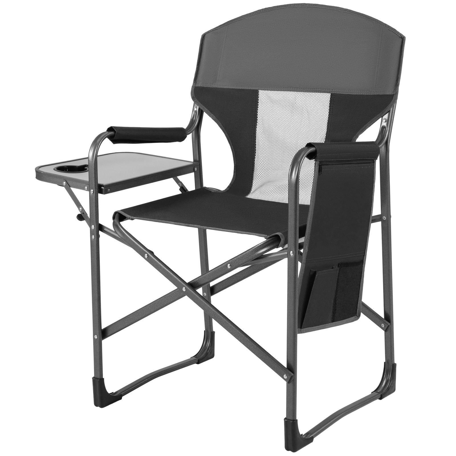 Costway Chaise Pliante Camping avec Table Latérale et Sac de Rangement Chaise de Peche Charge 180 kg Fauteuil Extérieur avec Dossier Maille Noir