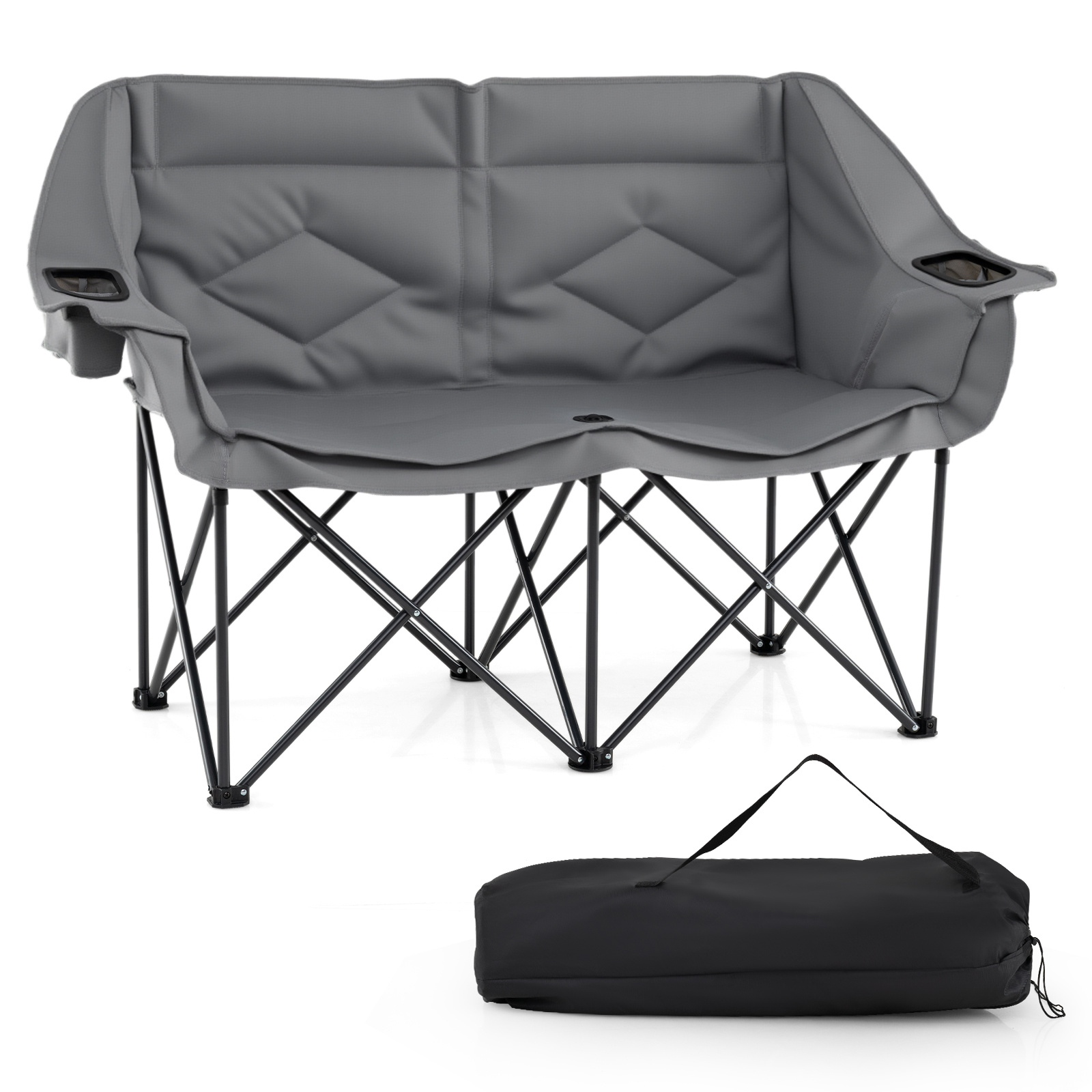 Costway Chaise de Camping à 2 Places Chaise de Jardin Pliante avec Pieds Métalliques Croisés Assise et Dossier Rembourrés avec Sac de Transport Gris