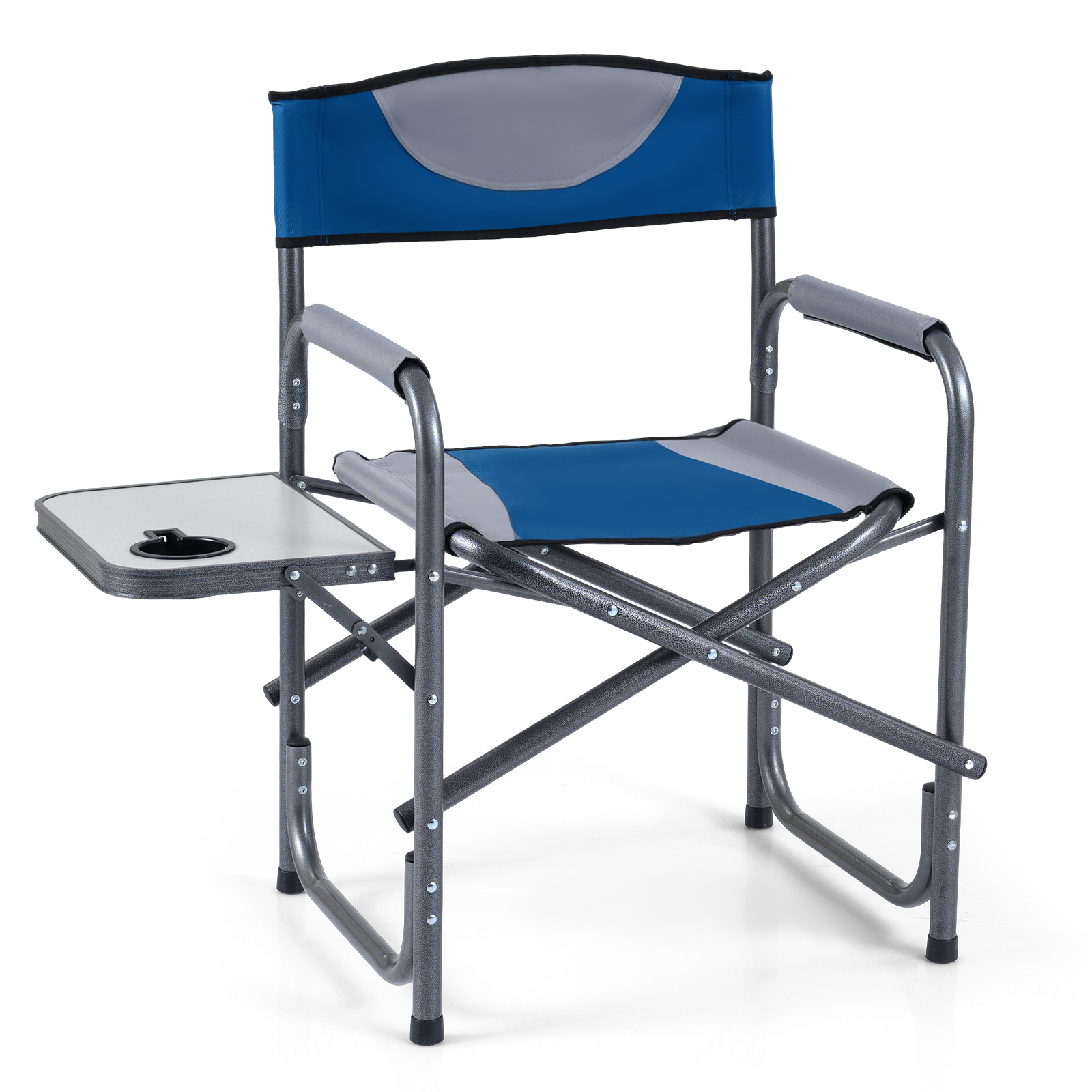 Costway Chaise de Camping Pliante Chaise Extérieure avec Table d’Appoint Pliante Cadre en Métal Robuste Porte-gobelet Charge 180kg Bleu