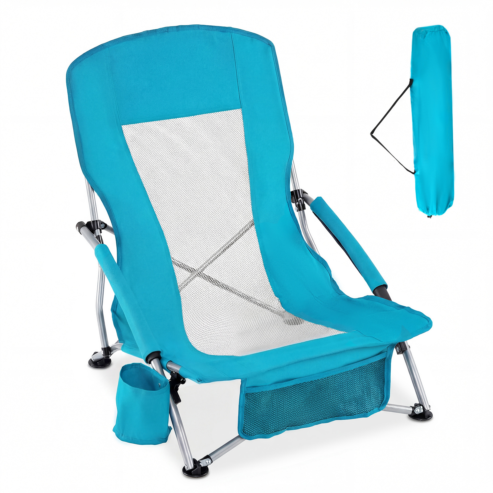 Costway Chaise de Plage Pliable Chaise de Camping Portable Légère avec Dossier Haut Siège Bas en Maille Accoudoirs Rembourrés Sac de Transport Bleu