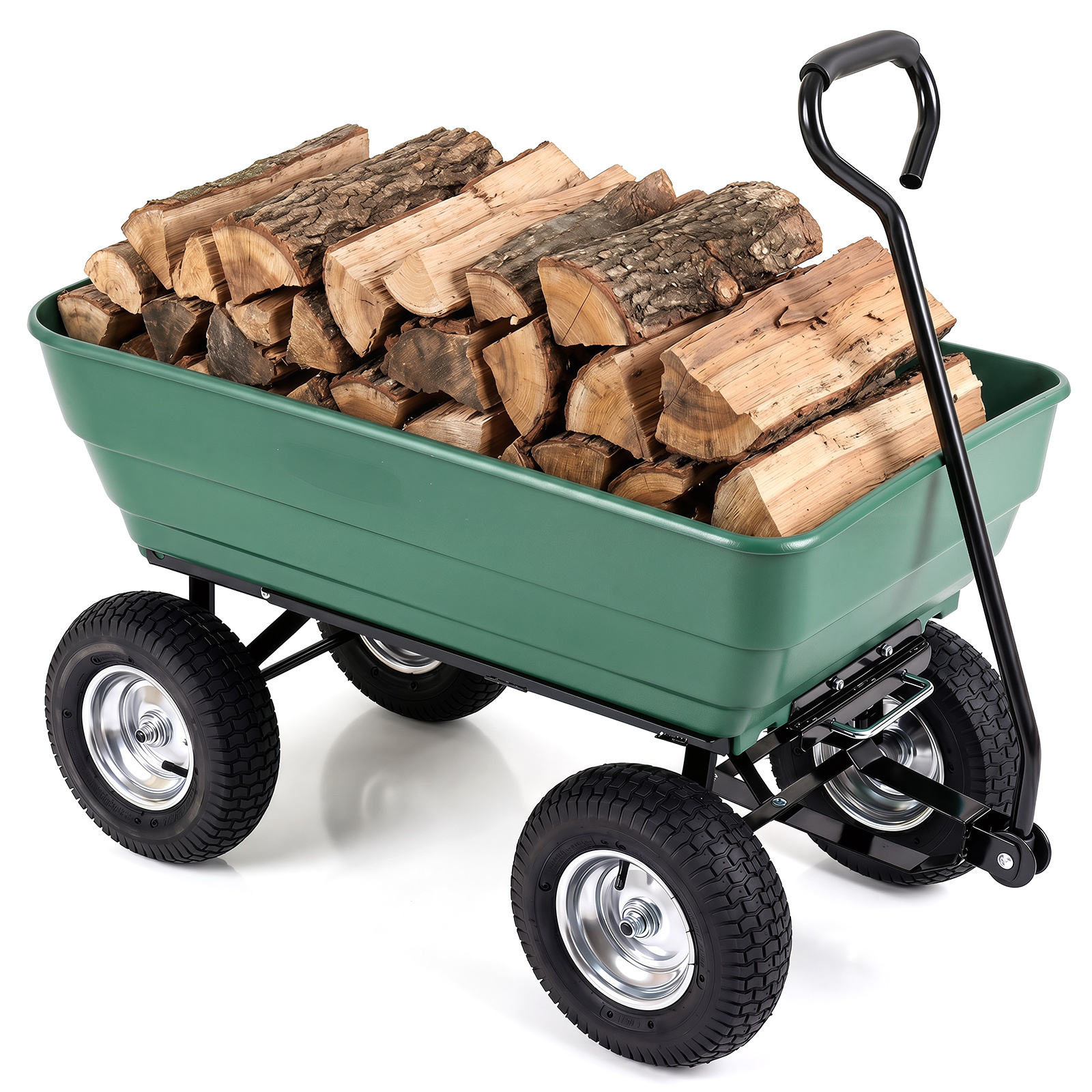 Costway Chariot de Jardin 125 L Brouette à Benne Basculante avec 4 Roues Poignée Réglable Direction Flexible Charge 410 kg Vert
