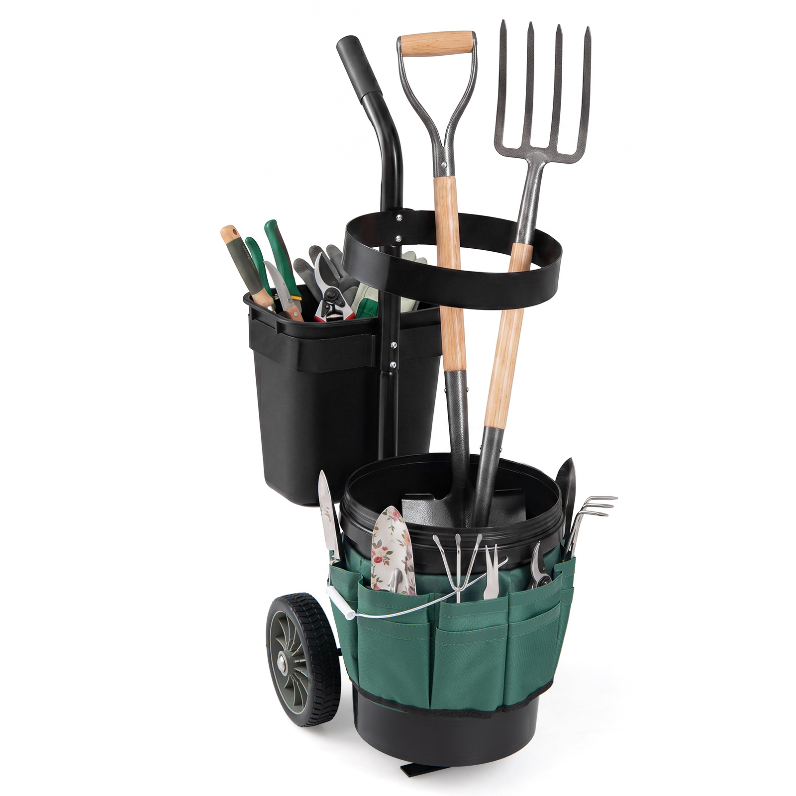 Costway Chariot de Jardin à Roulettes Chariot d’Outils Mobile avec Seau 20L Bac 5L Sac en Tissu Oxford&Panier Rond Organiseur de Transport Vert