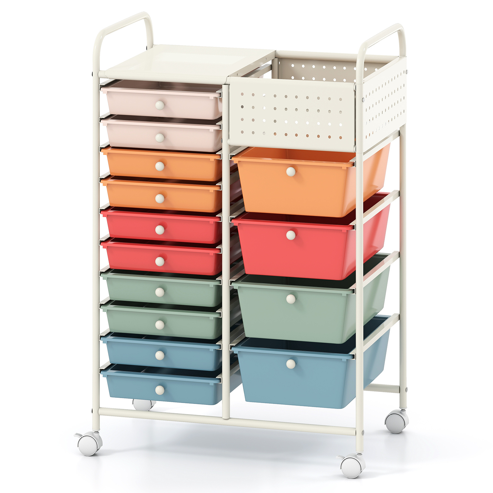 Costway Chariot de Rangement à Roulettes 14 Tiroirs Chariot de Service Mobile avec Plateau&Planche Perforée Desserte Roulante 63x37x87cm Coloré
