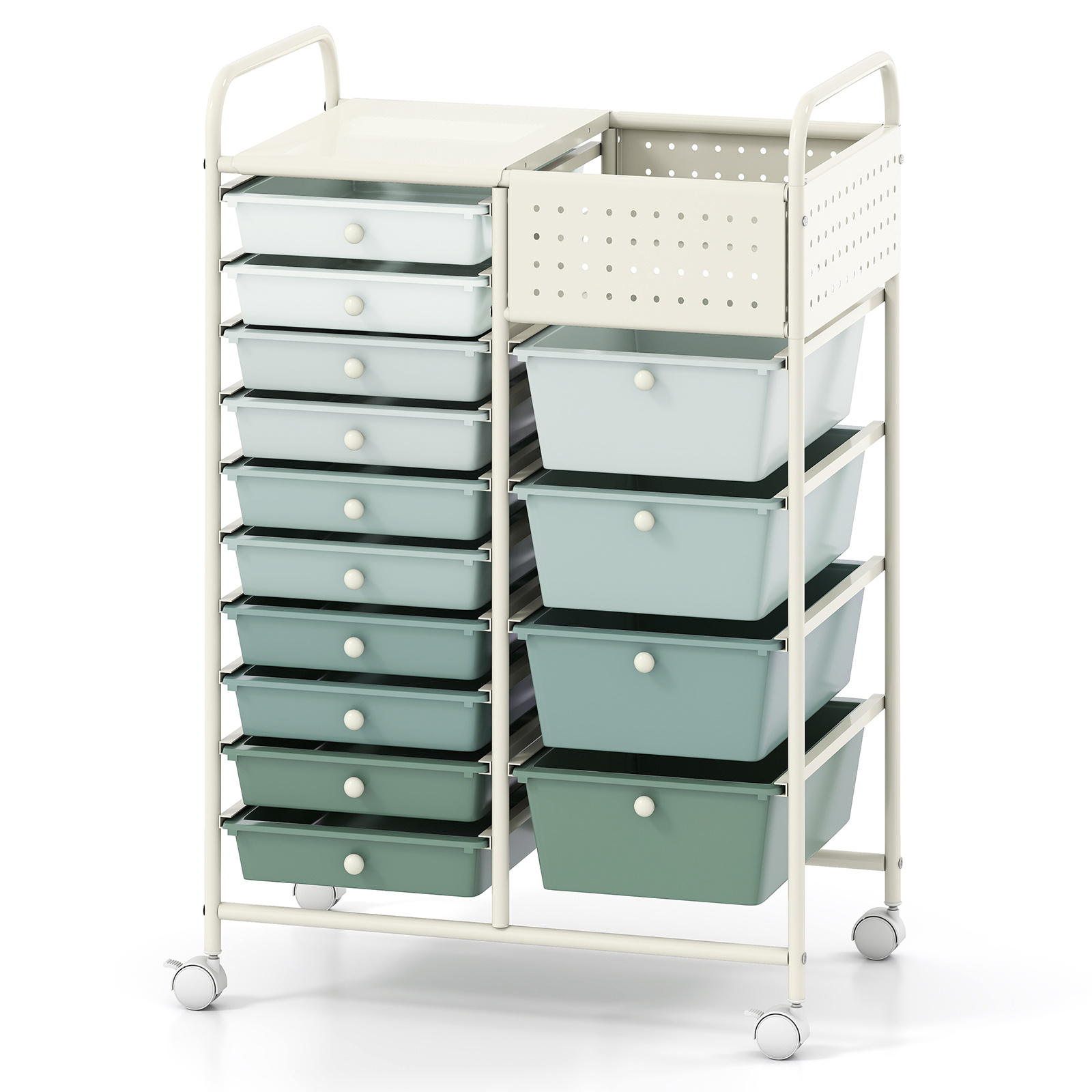 Costway Chariot de Rangement à Roulettes 14 Tiroirs Chariot de Service Mobile avec Plateau&Planche Perforée Desserte Roulante 63x37x87cm Vert