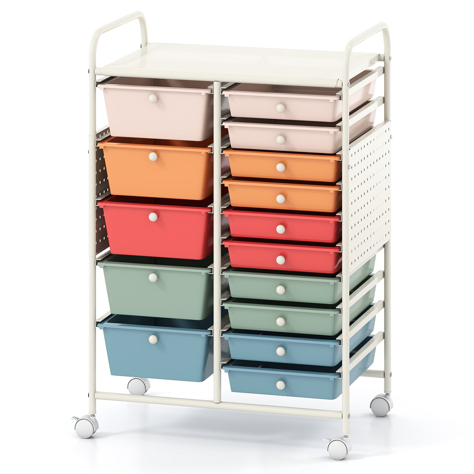 Costway Chariot de Rangement à Roulettes 15 Tiroirs Chariot de Service Mobile Plateau&Planche Perforée Desserte Roulante 63x37x87cm Coloré