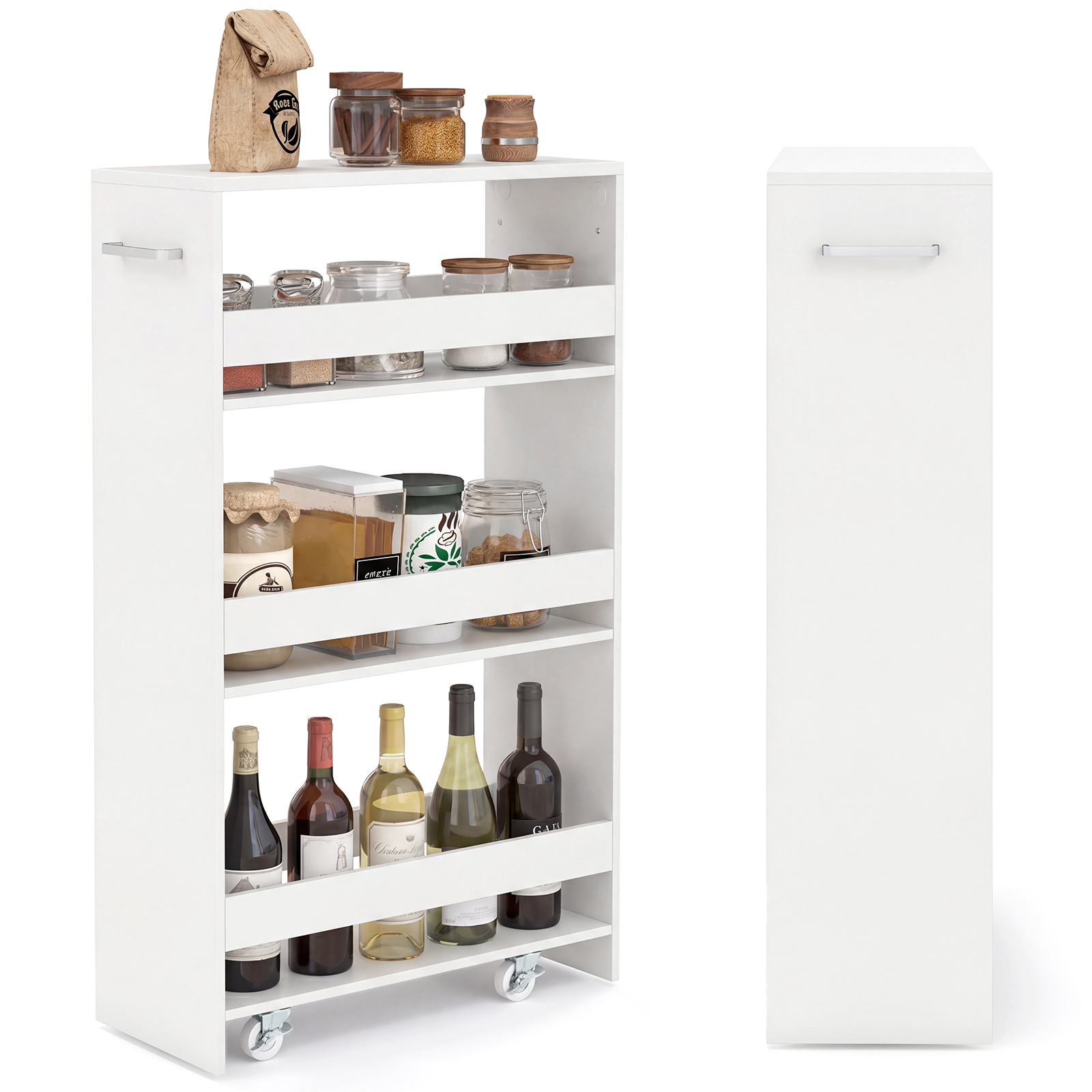 Costway Chariot de Rangement Slim 20 CM avec Station de Recharge Chariot de Cuisine Roulant à 4 Étagères avec Poignée et Garde-Corps Blanc