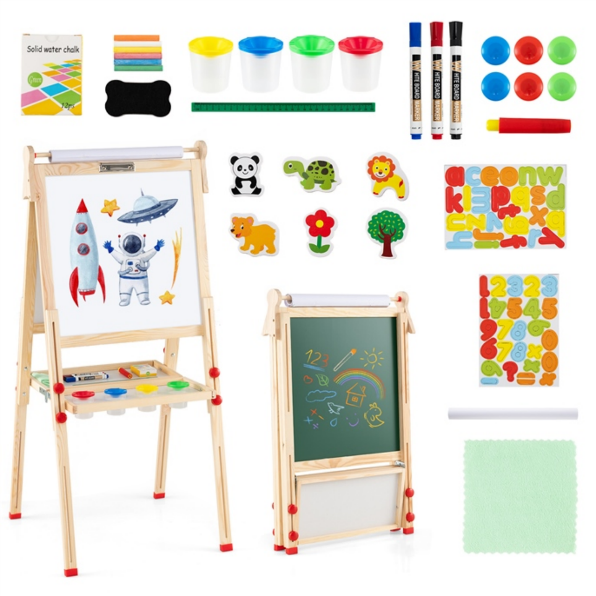 Costway Chevalet d'Art en Bois pour Enfants Chevalet Magnétique Double Face & Pliable avec Rouleau de Papier pour 3-14 Ans Naturel