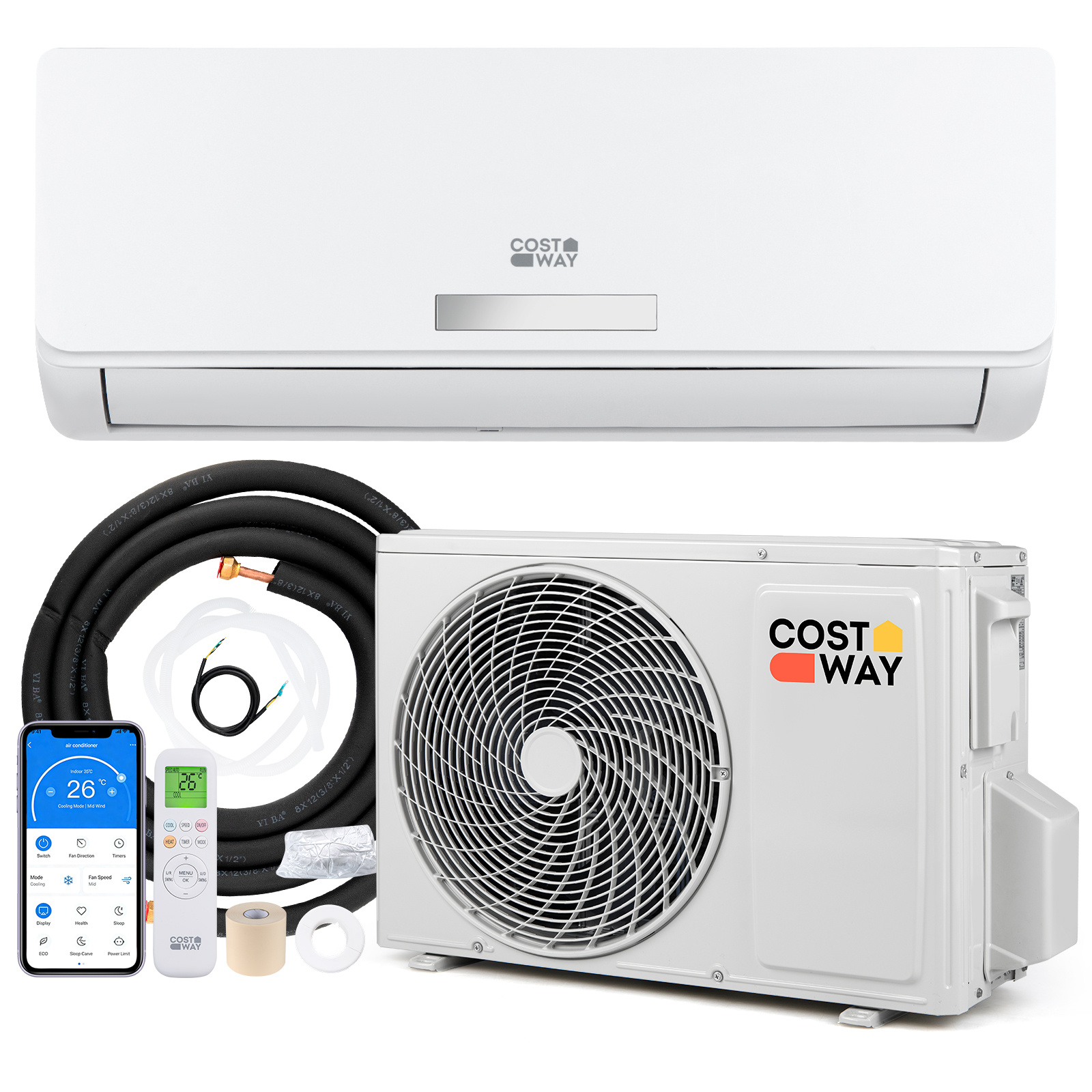 Costway Climatiseur Reversible 12000 BTU 3,4 KW Climatiseur Split R32 avec Chauffage Refroidissement Silencieux 19 dB Classe A++ Blanc