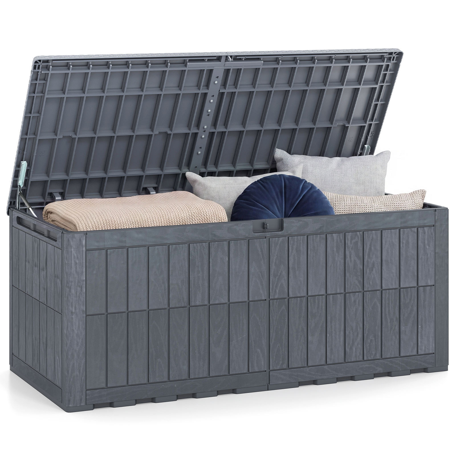 Costway Coffre de Jardin Exterieur en PP 705L Coffre de Rangement 4 Personnes avce Couvercle Poignée Intégrée&Verrouillable Charge 280kg Gris